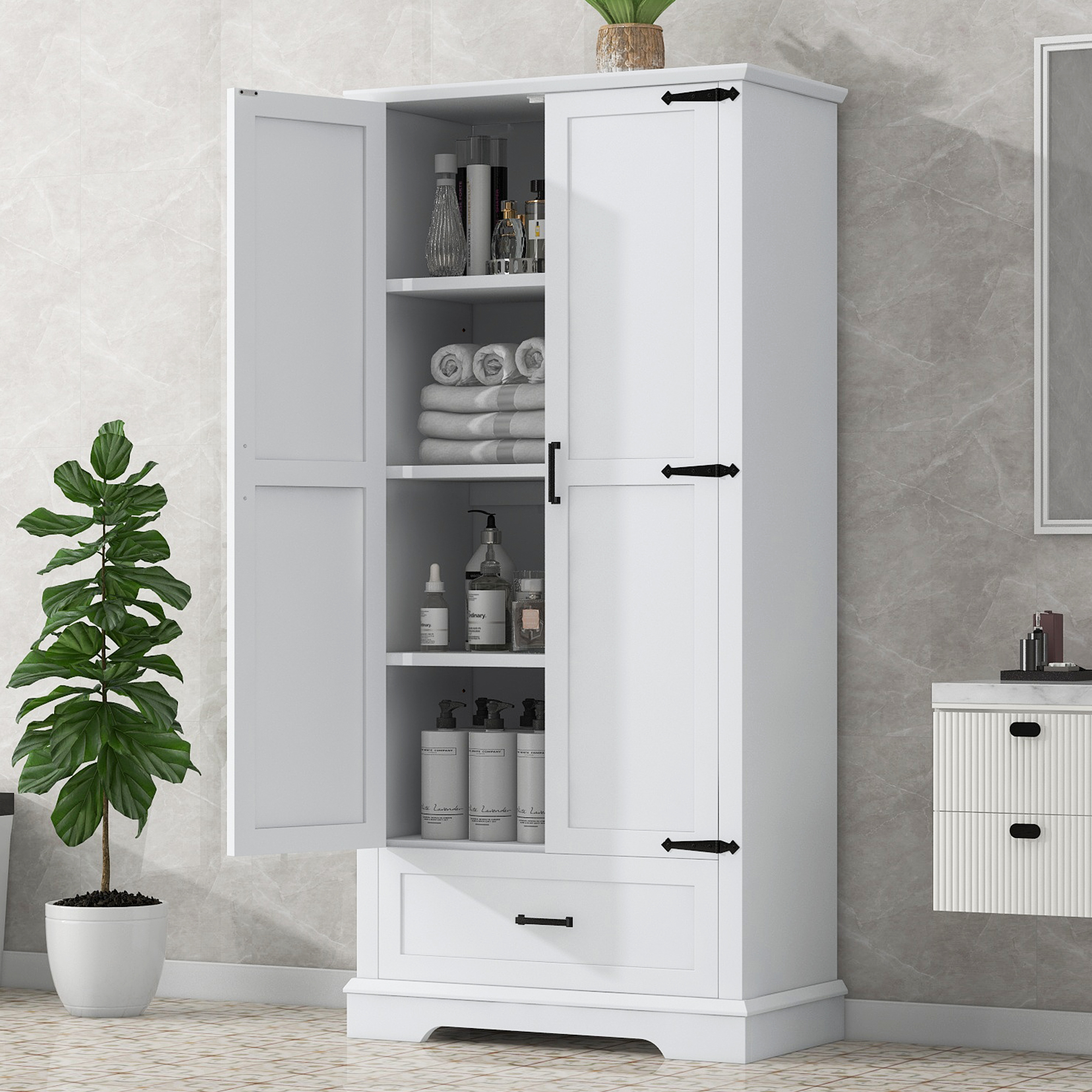 Tall Bathroom Storage Cabinet, Cabinet With Two Doors And One Drawer, Adjustable Shelf, MDF Board, White