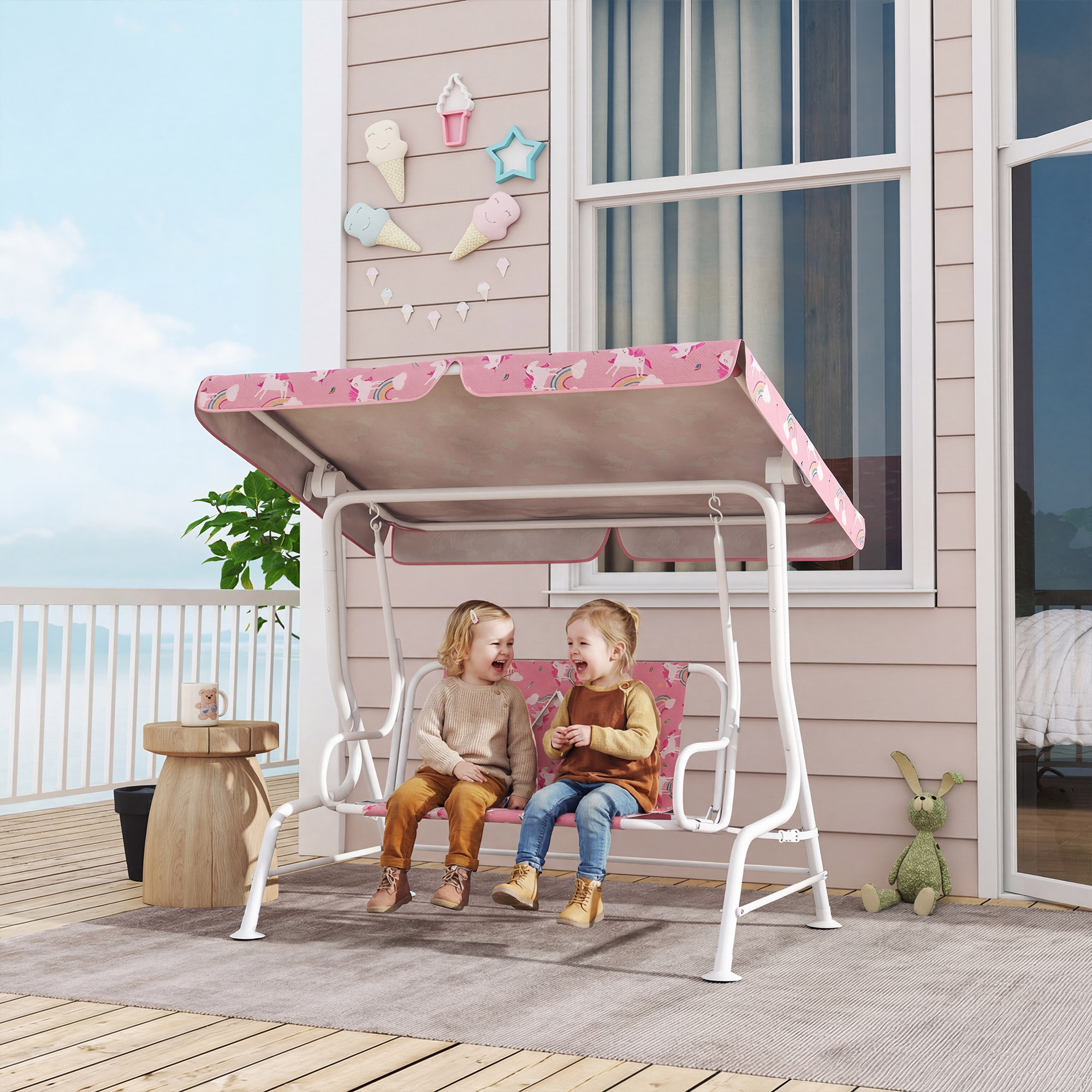 Columpio de porche para niños, 2 asientos, cinturones de seguridad, toldo ajustable, rosa