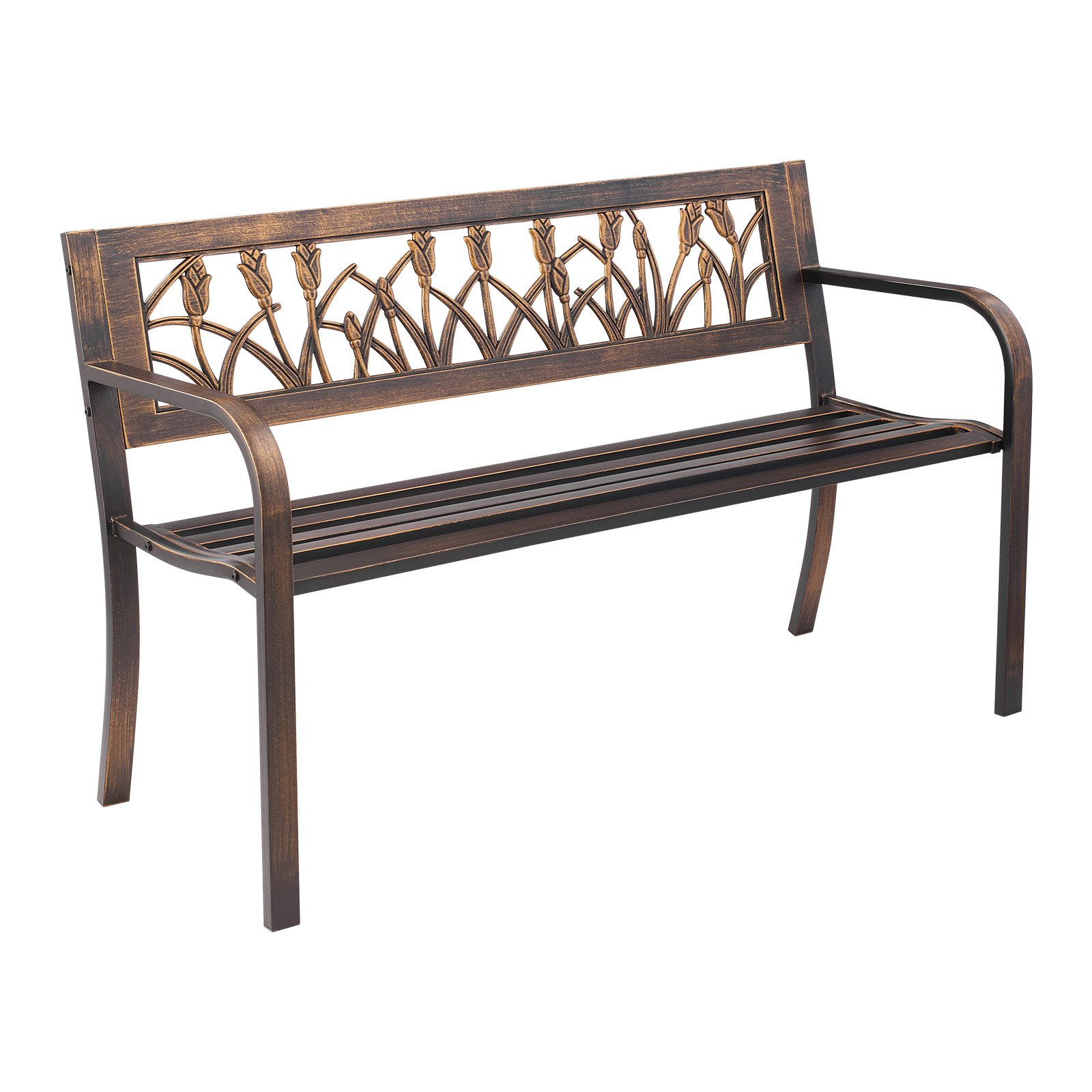 Banco de exterior de 50 pulgadas, acero al carbono, respaldo PVC floral, bronce antiguo