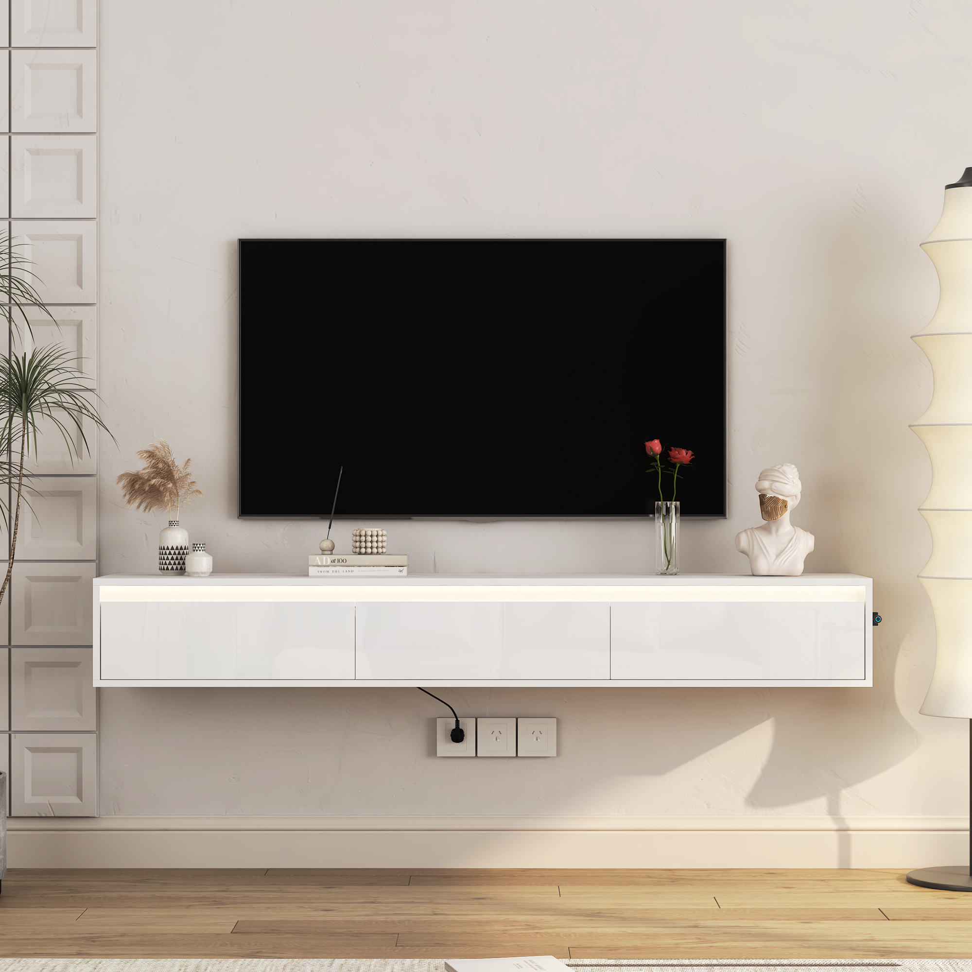Floating TV Stand, Wall Mounted TV Shelf With Led Lights & Power Outlet, Cabinet For Tv Stands For Living Room