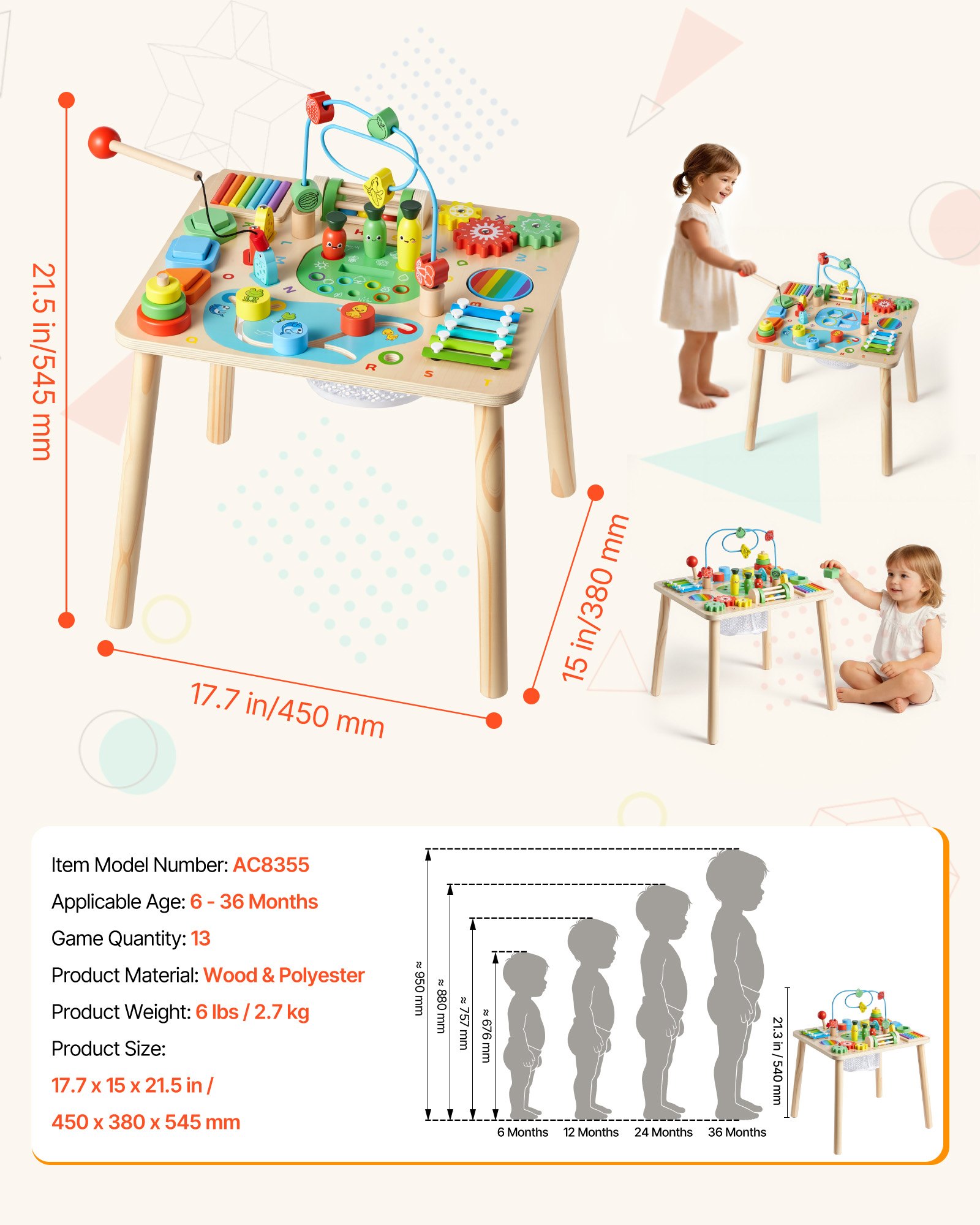 Mesa de actividades Montessori de madera 13 en 1 para niños de 6 meses a 3 años.