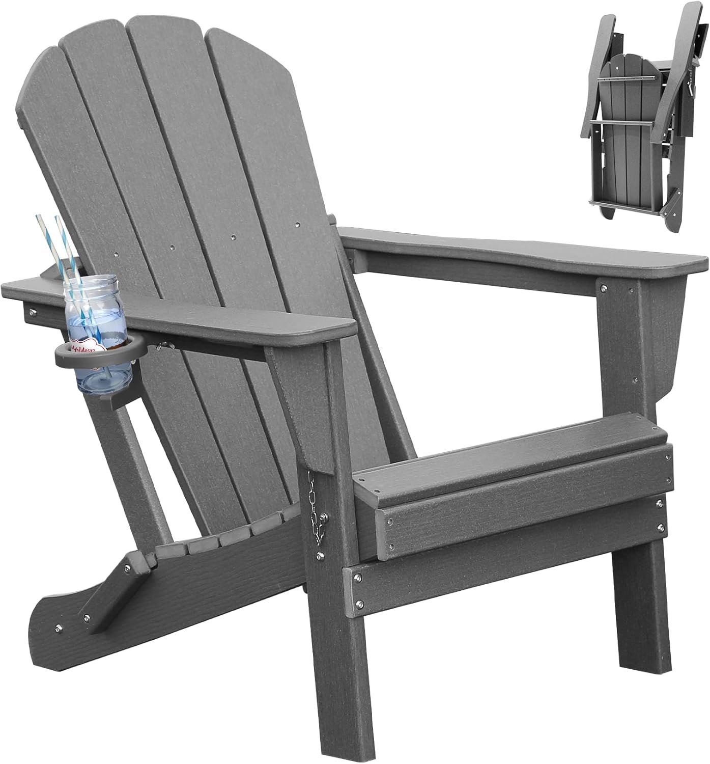 Silla Adirondack plegable de plástico HDPE para exterior, con portavasos, color gris.