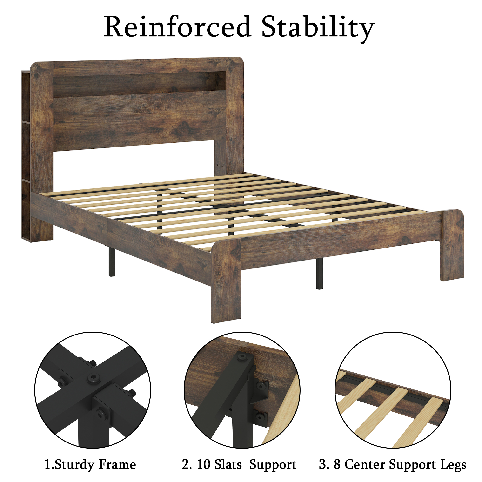 Base de cama King de madera con cabecera LED, 2 USB y almacenamiento, marrón oscuro