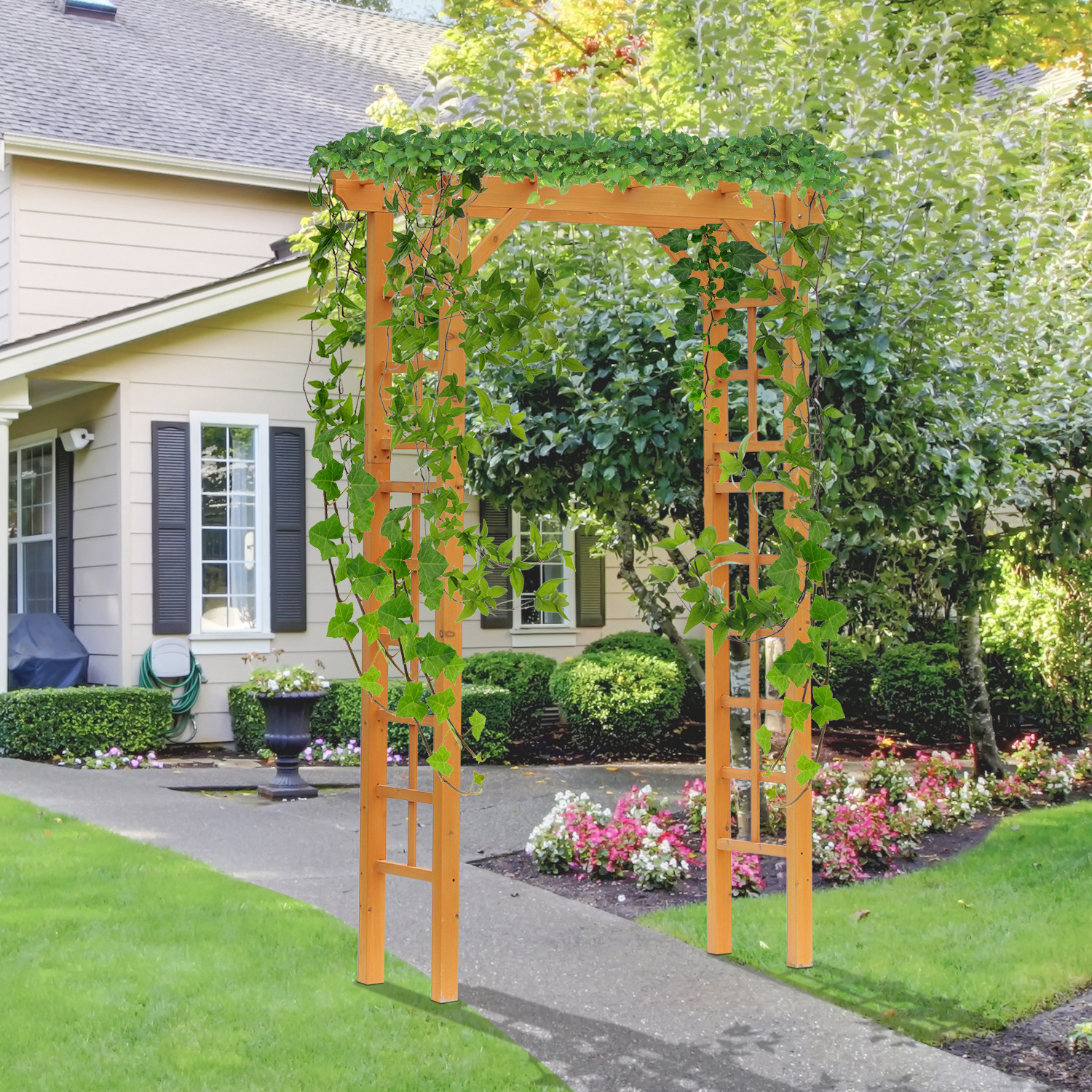7 Wood Steel Outdoor Garden Arched Trellis Arbor with Natural Fir Wood & Side Panel for Climbing Vines, Orange