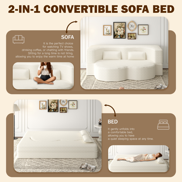Modern Floor Sofa With 2 Pillows,Convertible Corduroy Fabric Foam-Filled Sleeper Sofa Bed,15' Twin Size Folding Mattress For Living Room,Guest Bed,Playroom,no Assembly Required,Beige&White