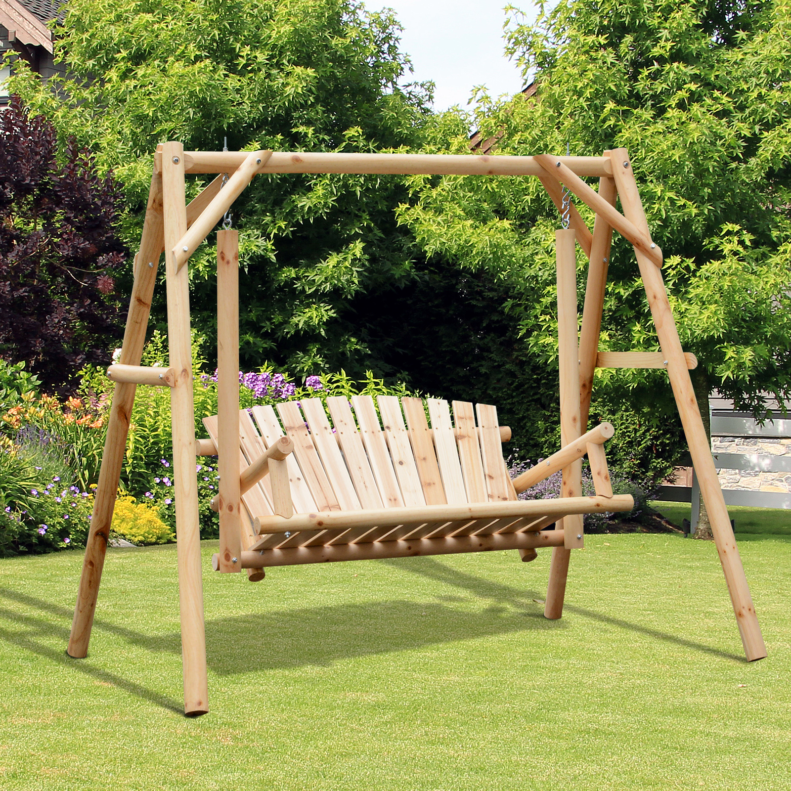 2-Seat Wooden Swing Bench, Ergonomic Design, A Frame Construction, Stable and Non-Slip, Solid Wood Frame Log Garden Swing, for Outdoor and Indoor, Natural Wood