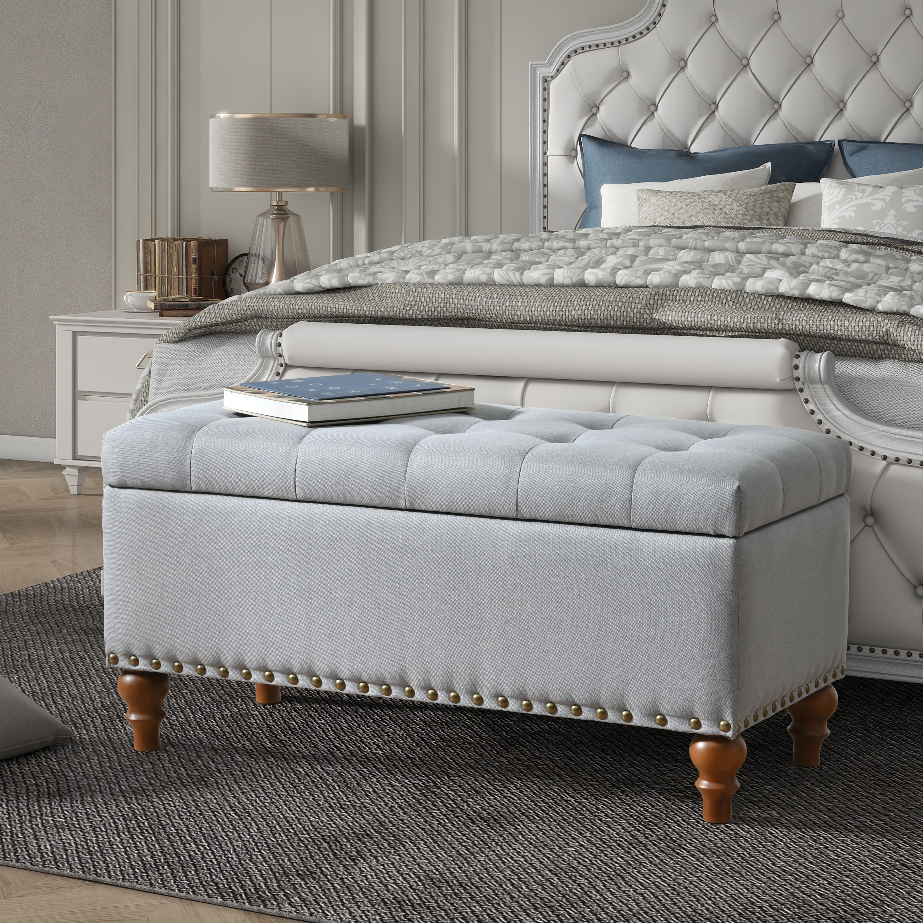 Ottoman Storage Bench, Recessed Support Hinge Top Easy To Open, Rivet Trim Around, Bedroom, Entrance, Living Room, Linen   Grey