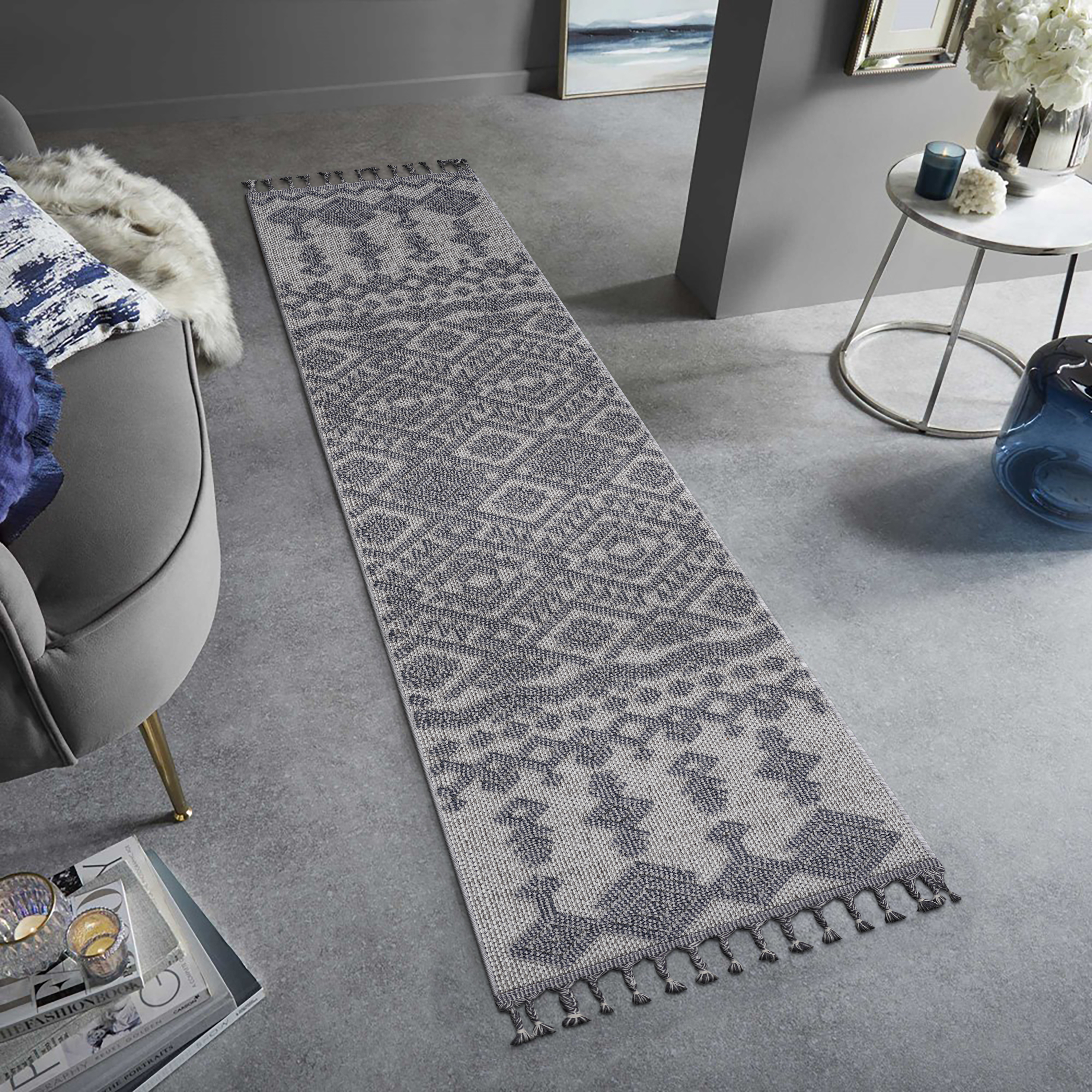 Guros  2X8 White  Gray  Traditional Indoor  Outdoor Runner Rug
