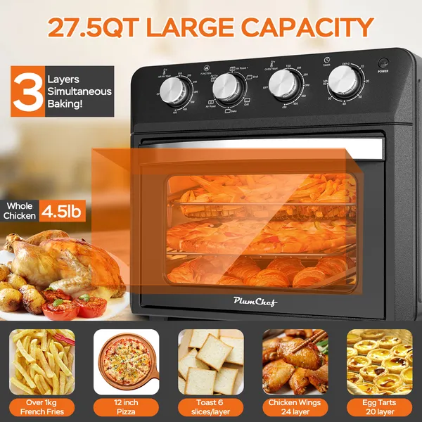 Horno tostador freidora de aire 6 en 1 de 27.5 cuartos, 1600W, negro