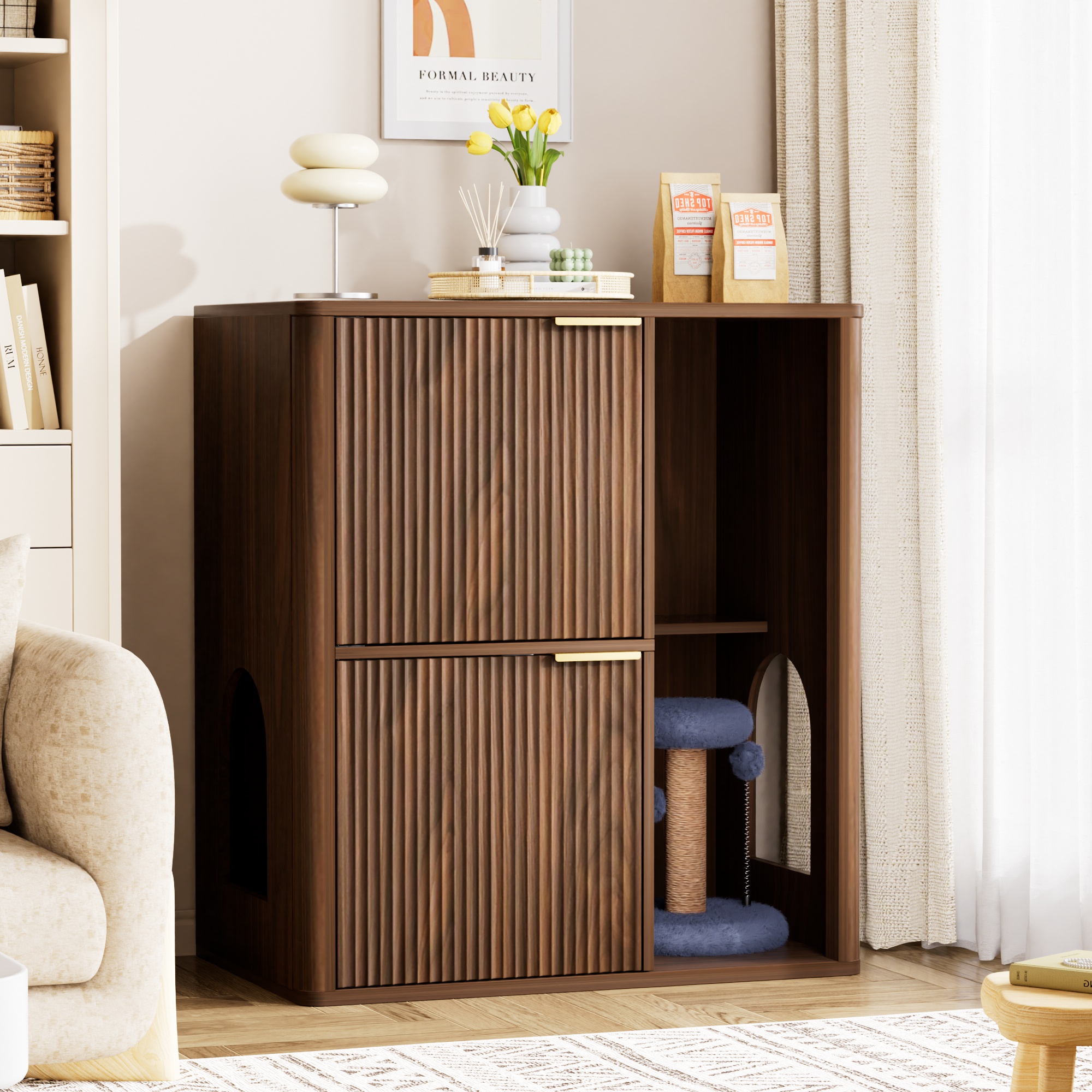 Mueble arenero para gatos de 31.5 pulgadas, nogal, con árbol y estantes de almacenaje.