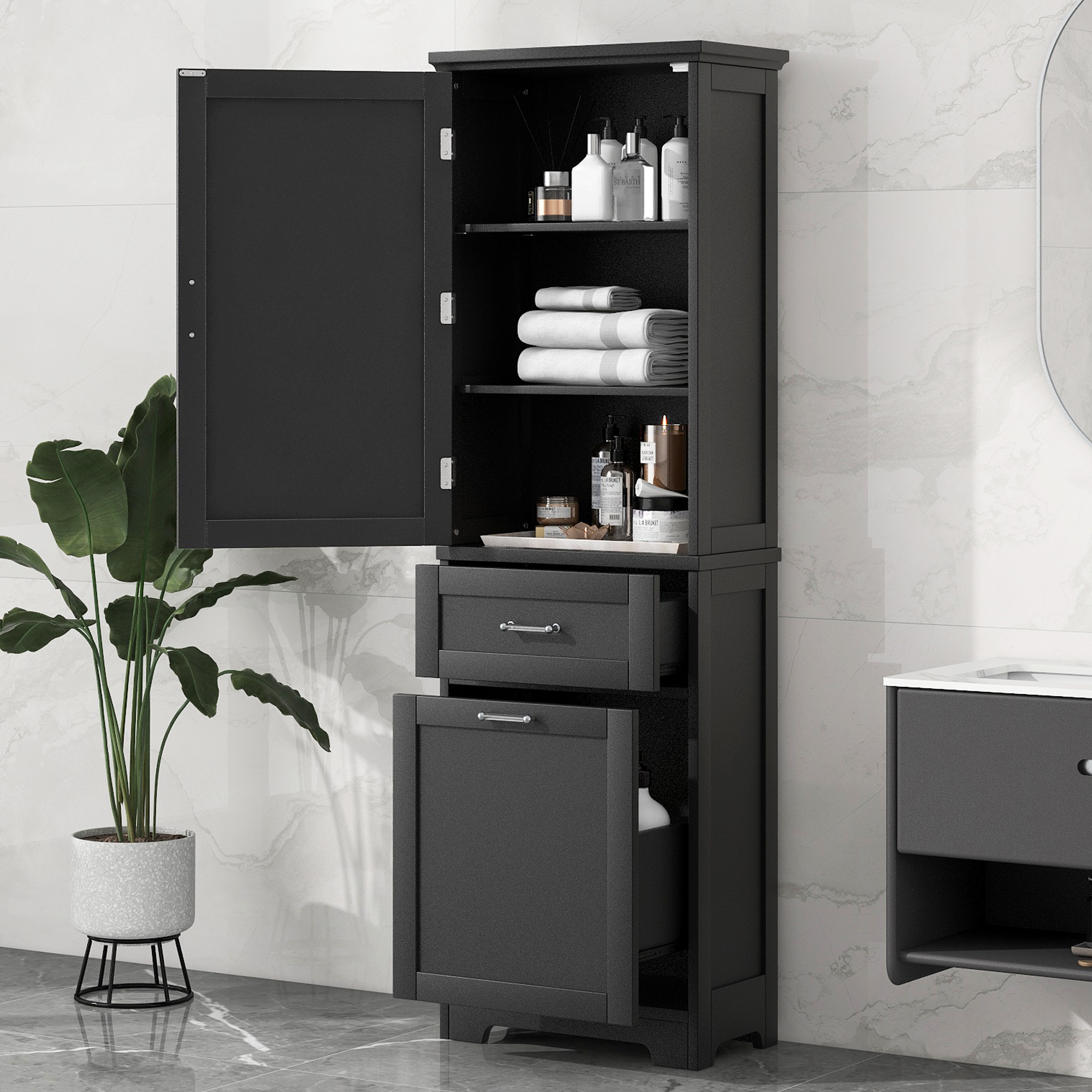 Tall Bathroom Storage Cabinet, Freestanding Storage Cabinet With Two Different Size Drawers And Adjustable Shelf, MDF Board With Painted Finish, Black