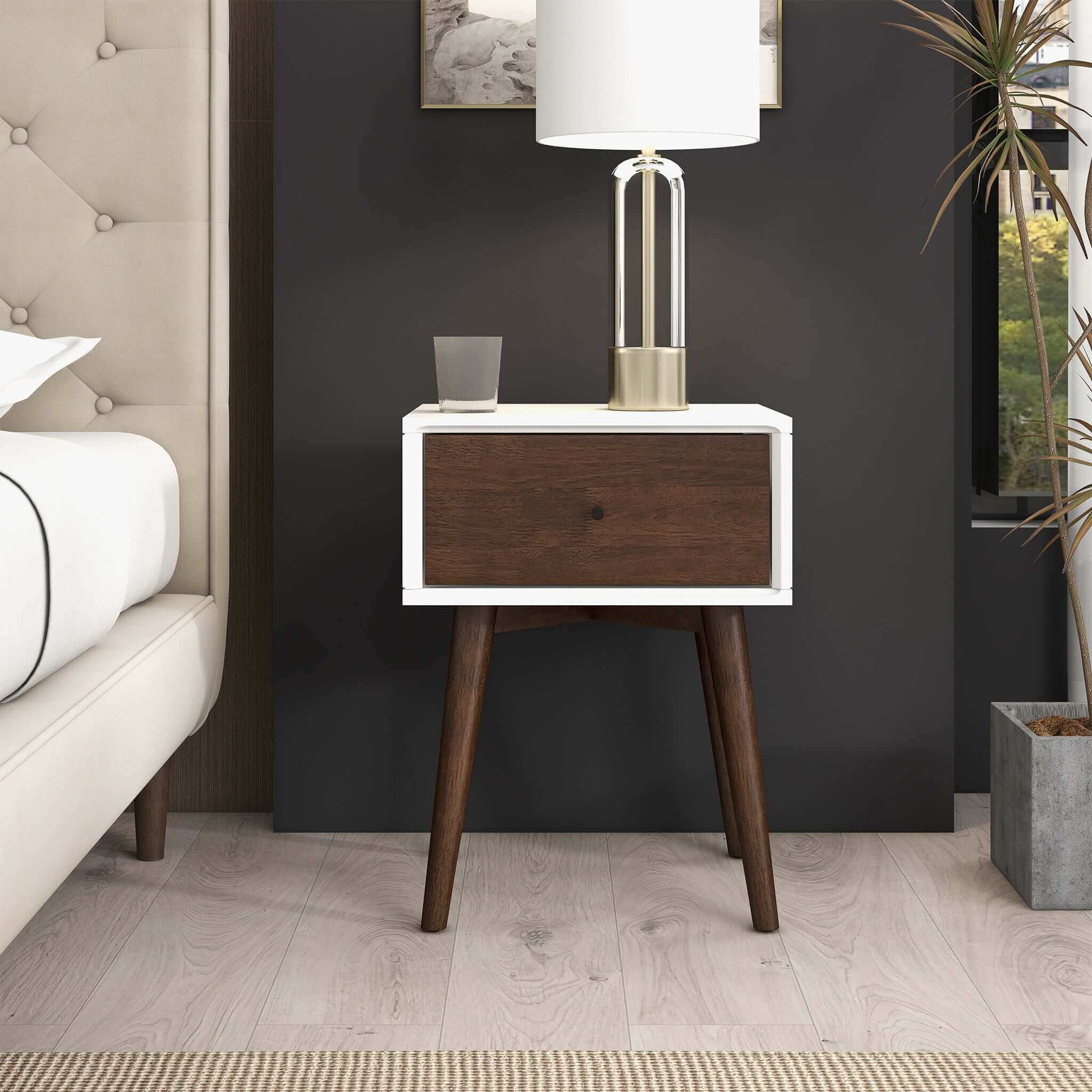 Avery Mid-Century Modern Solid Wood Night Stand 1 Drawer Dark Brown White 22.5  H X 17.5  W X 16  D For Bedroom, Hallway, Entryway, Closet