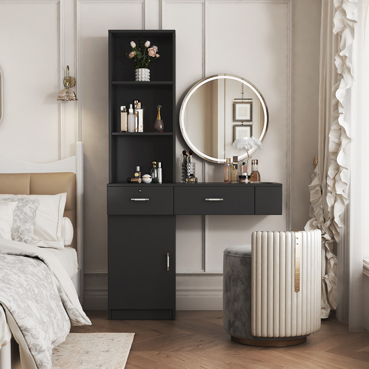 Tocador moderno simple negro, con almacenamiento multicapa y gran espacio