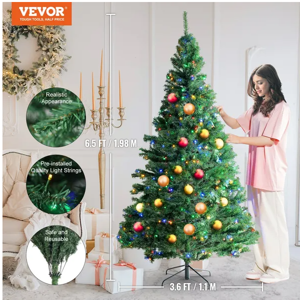Árbol de Navidad VEVOR artificial preiluminado, 6.5 pies, 450 luces LED multicolor, base metal