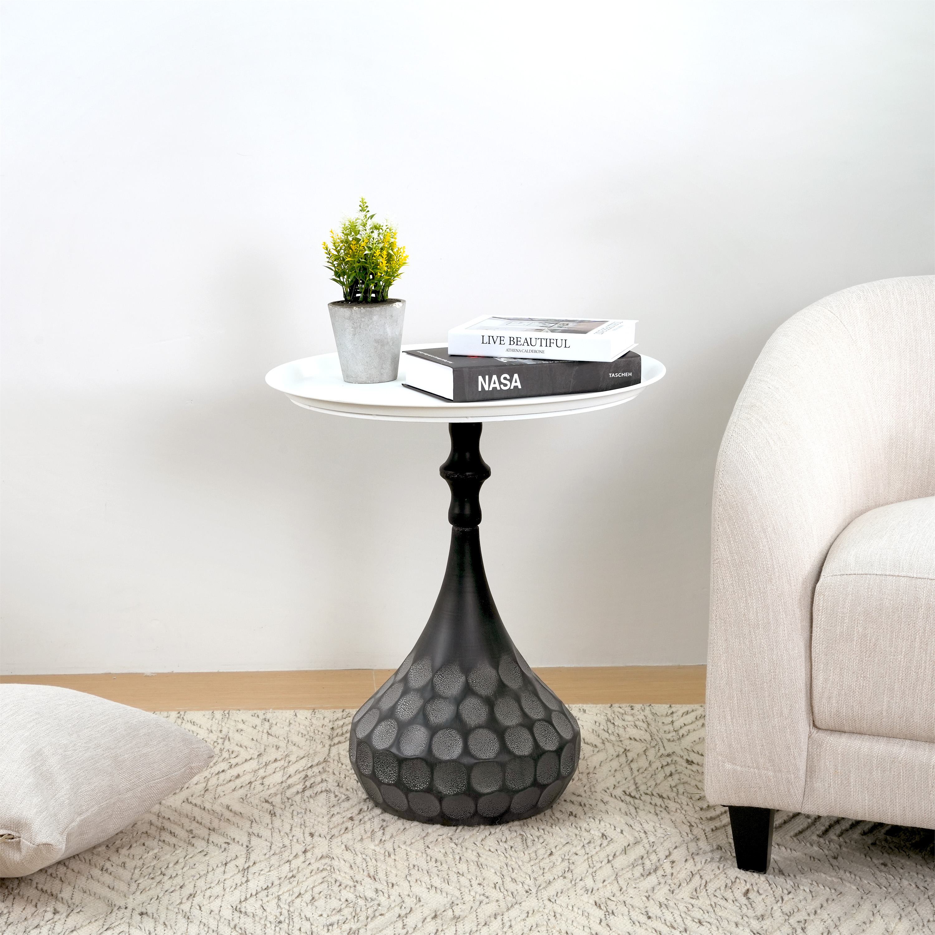 Accent Metal Coffee Table, Pedestal Table For Living Room, Hand-hammered Texture, White Black