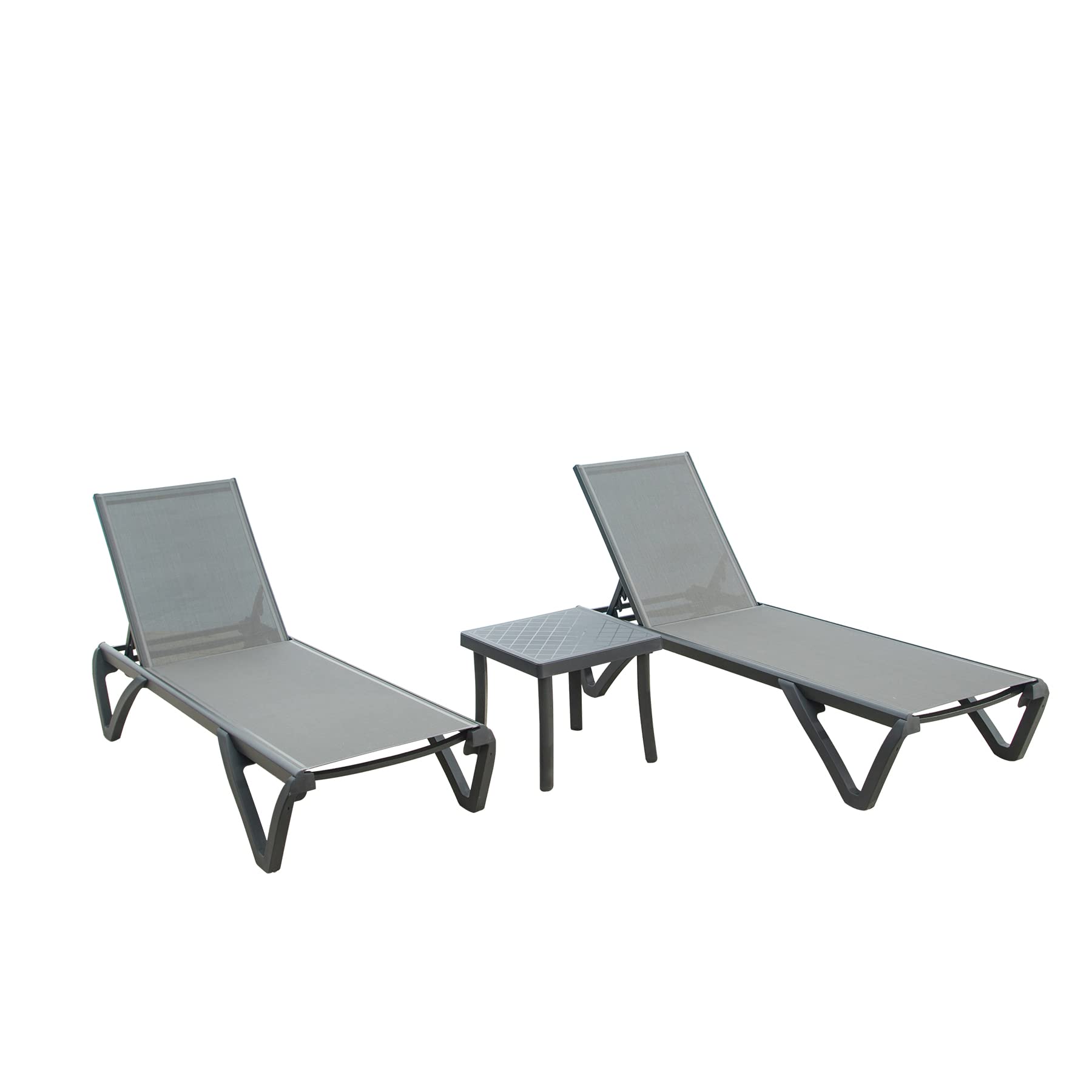 Patio Chaise Lounge Chair Set Of 3,Outdoor Aluminum Polypropylene Sunbathing Chair With 5 Adjustable Position,Side Table For Beach,Yard,Balcony,Poolside Grey,2 Lounge Chair 1 Table