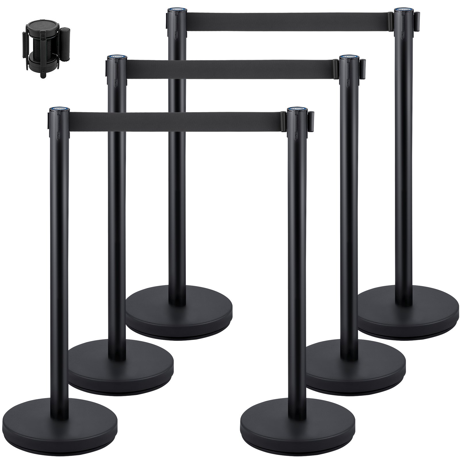 6 PCS Black Stanchion Posts Stainless Steel Stanchion Queue Post Black Belt Retractable 36In For Both Indoor And Outdoor Use.