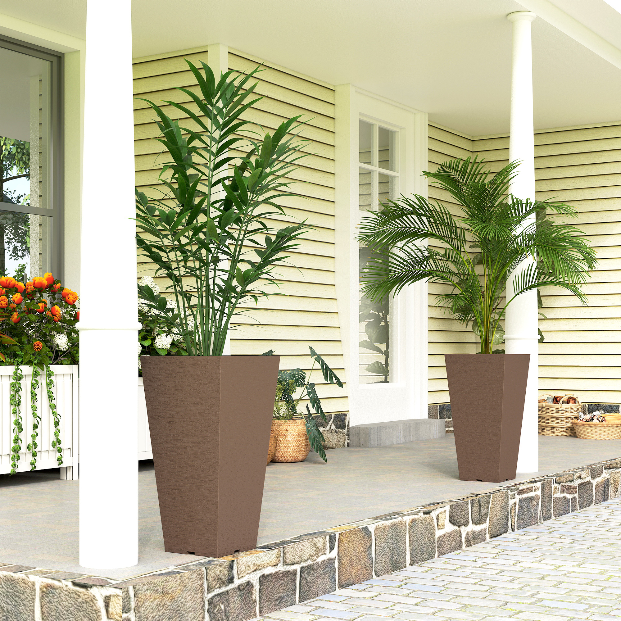 23 Inch Tall Planters for Outdoor Plants, Set of 2 Plastic Flower Pots, for Front Door Patio Garden Use, Brown