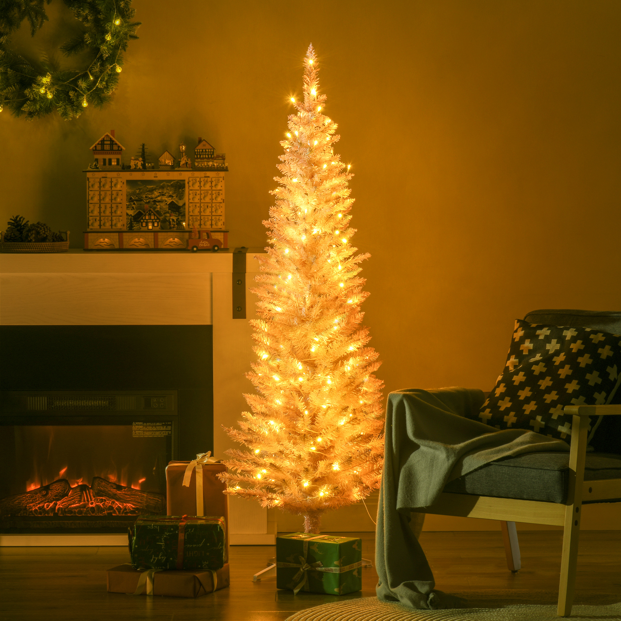 Árbol de Navidad artificial tipo lápiz de 5 pies, delgado, luces LED, rosa