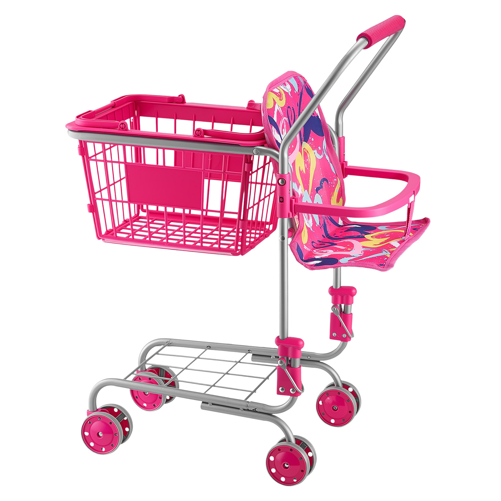 Carrito de compras de juguete para niños con muñeca, estructura de metal, plegable.