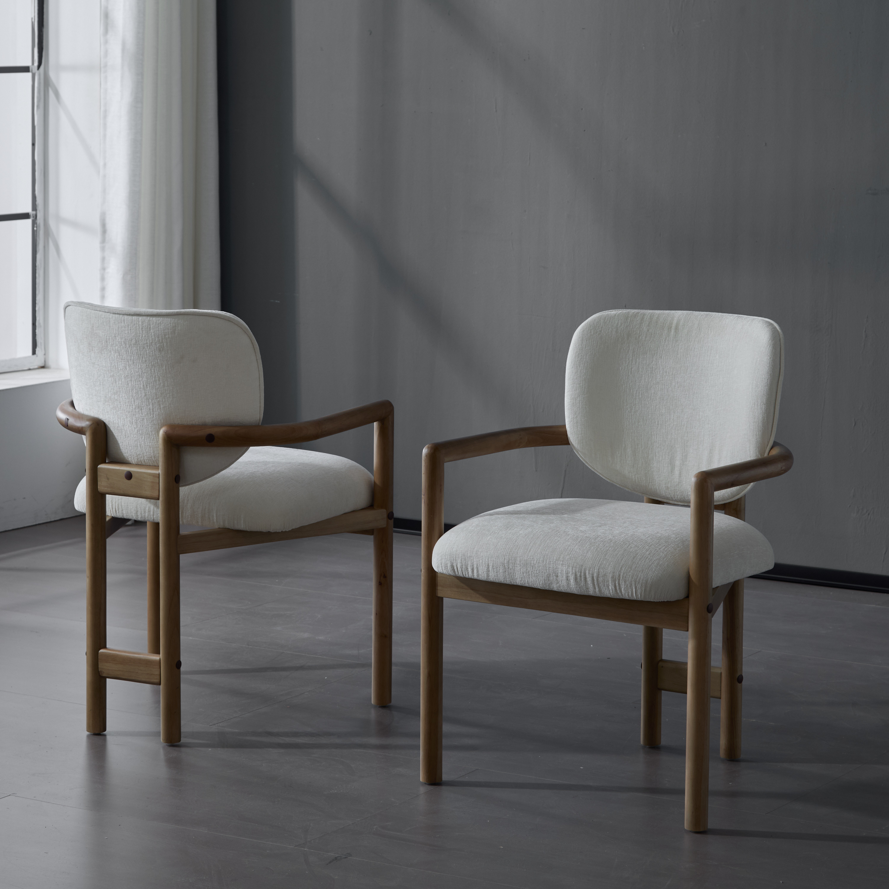 Dining Chairs Set Of 2 Upholstered Arm Chairs, Rubber Wood Accent Chairs White Fabric Seating, 300 LBS Weight Capacity