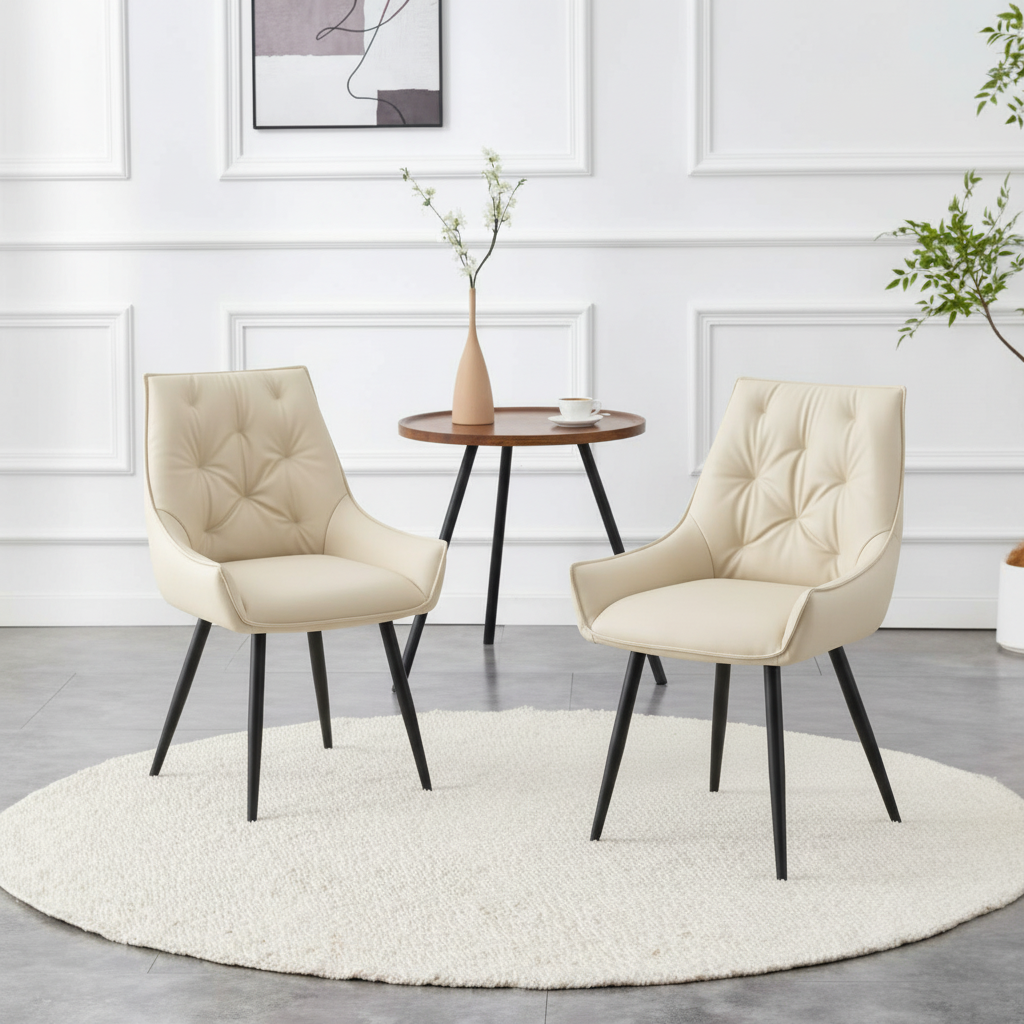 Dining Chairs Set Of 2, Off White Faux Leather Dining Room Chair, Metal Kitchen Chairs With Gold Mesh Texture And Black Sanded Legs, Flat Back Upholstered Chair  Off White, Set Of 2