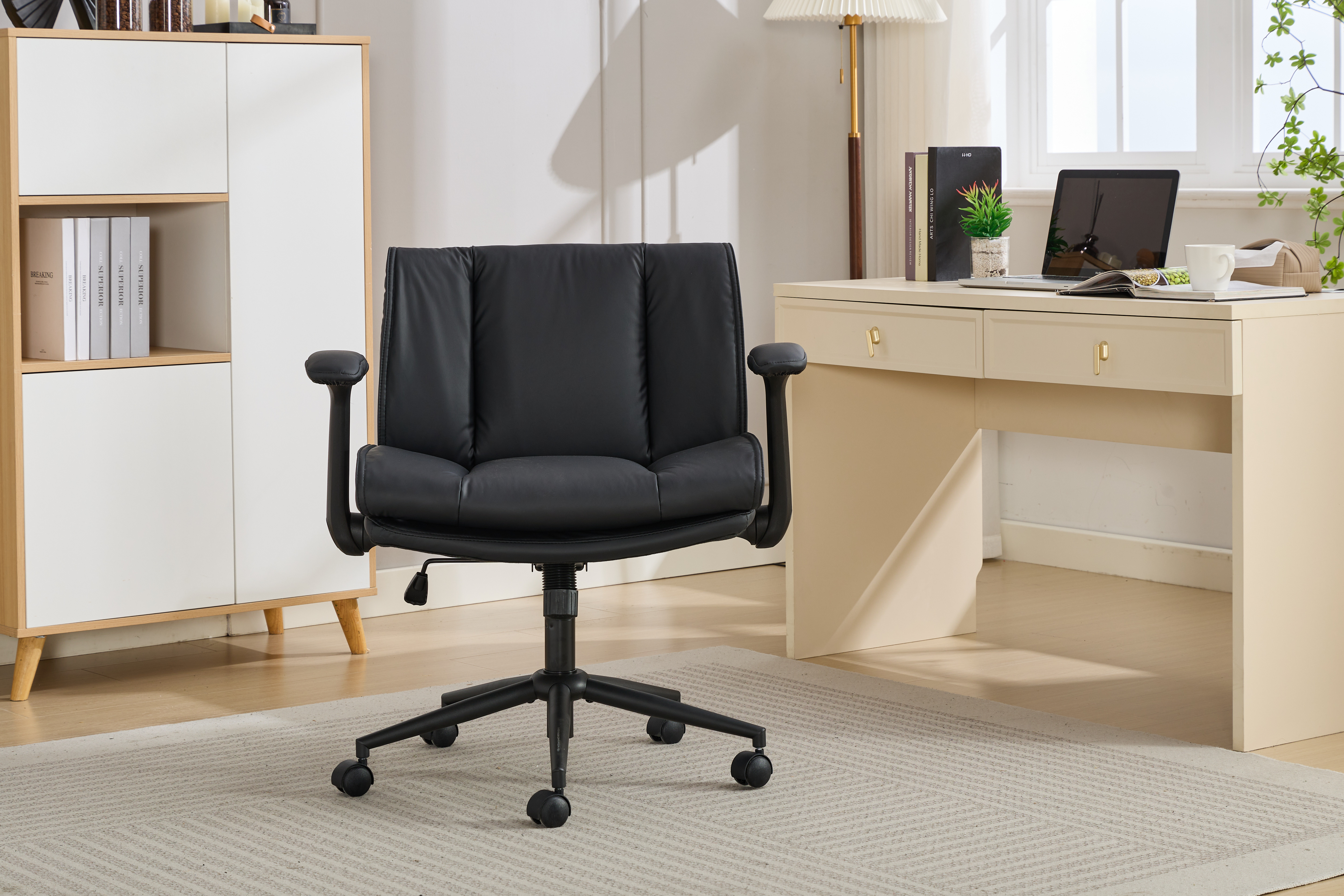 With Flip-Up Armrests Leather, Cross Legged Office Chair On Wheels, Comfy Swivel Chair With Wide Seat For Home Office, Vanity,  Ergonomic Desk Chair Adjustable, Black