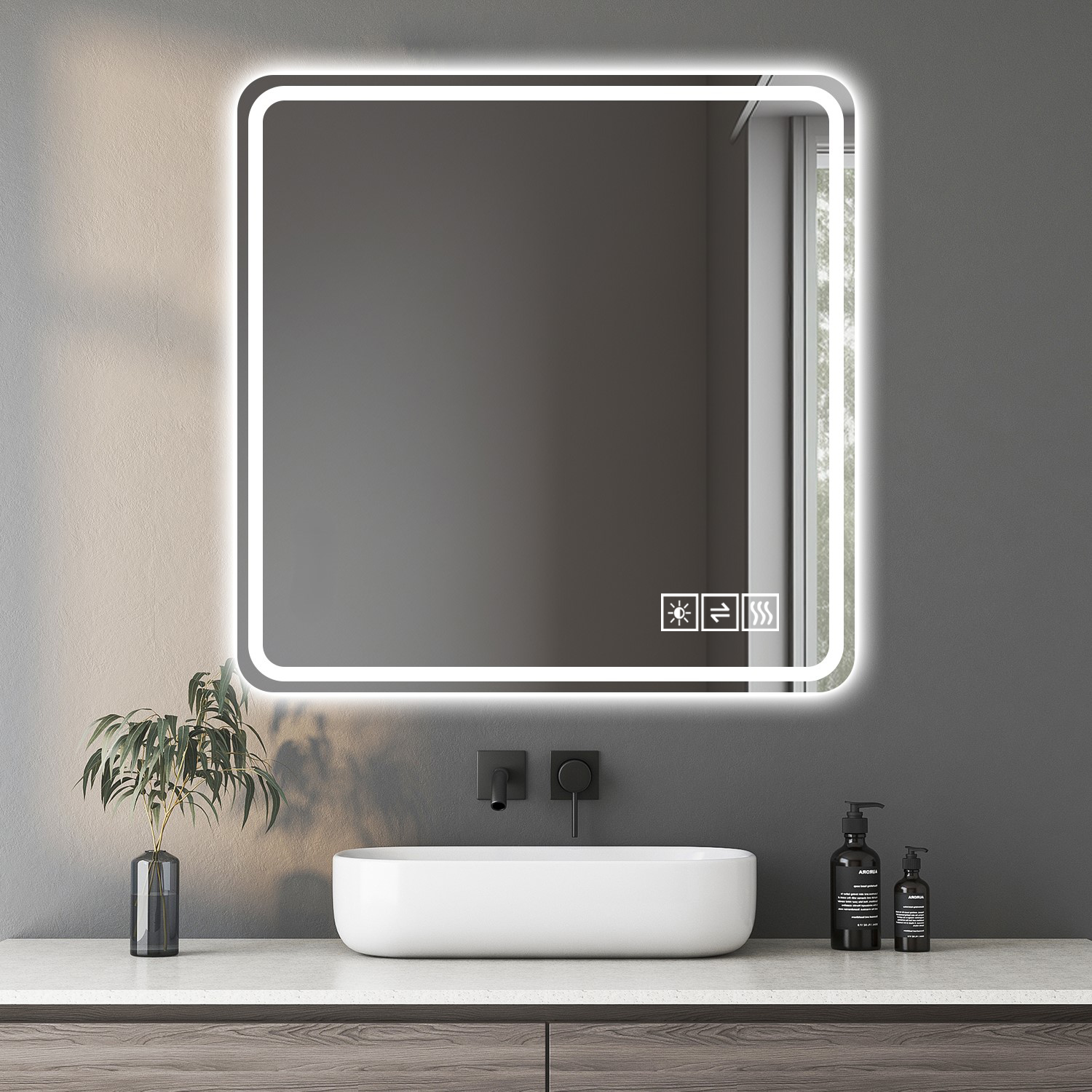Espejo de baño LED de 36x36 pulgadas, antivaho, antiexplosión y 3 colores