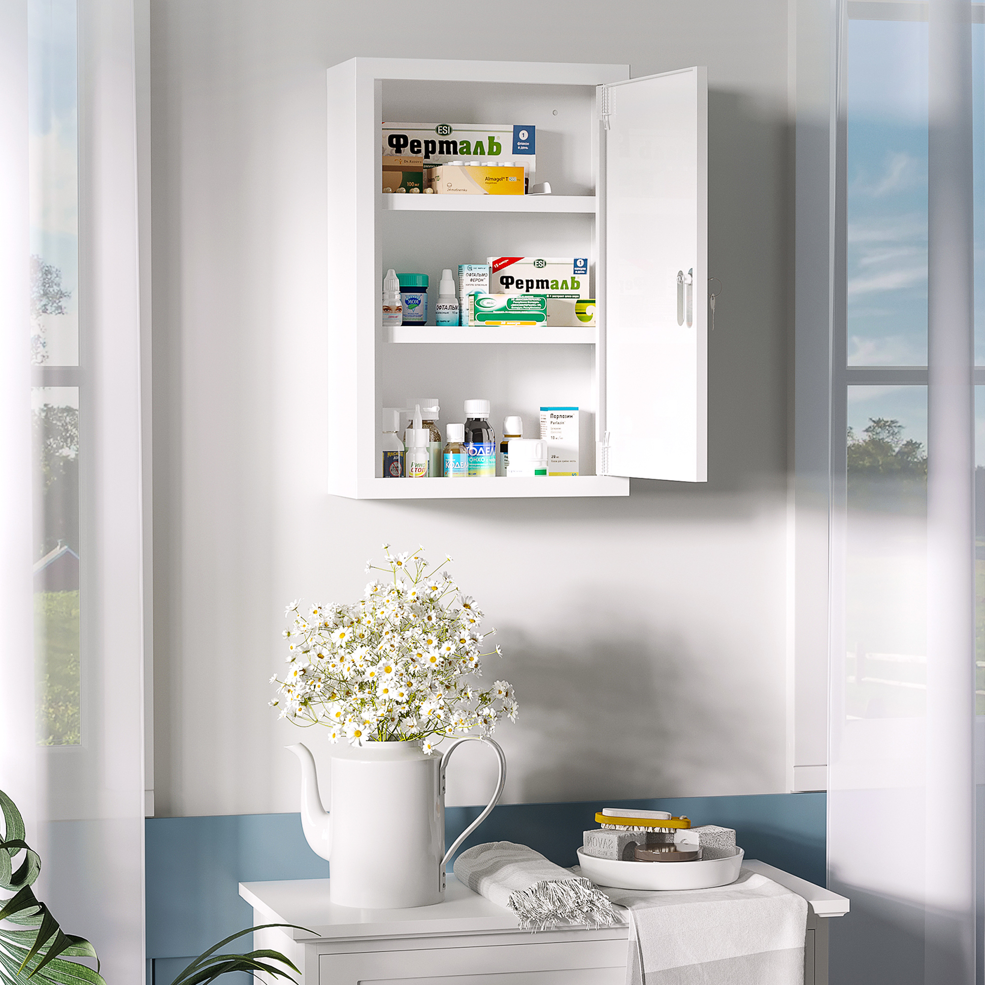 Gabinete de medicinas de pared de acero 12" x 18" con cerradura, 3 niveles, 2 llaves y estantes, blanco
