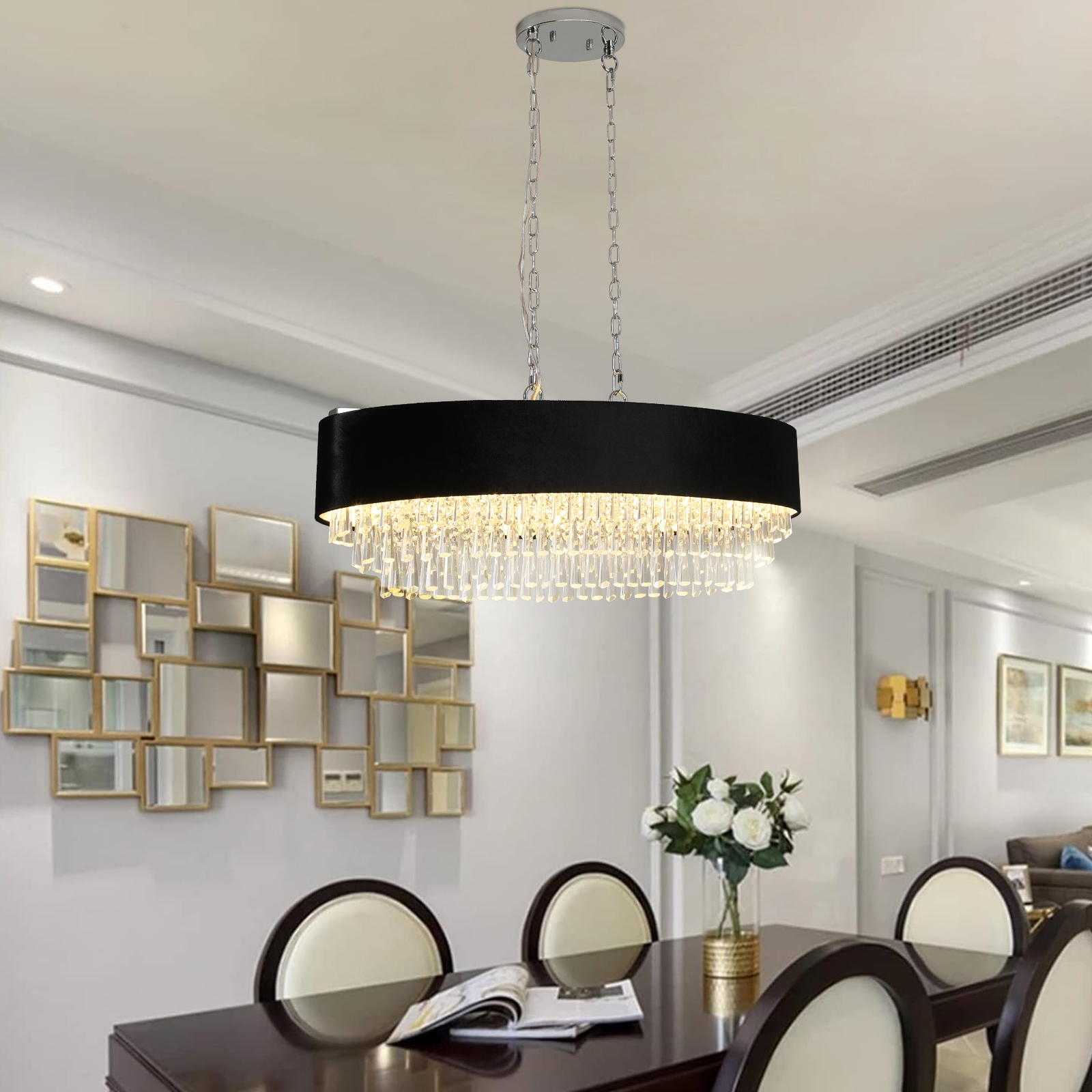 39  Modern Crystal Chandelier With Black Imitation Velvet Anti-Glare Shade, Adjustable Height, 8-Light G9 Base For Dining Room, Living Room, Or Bedroom Bulb Not Included