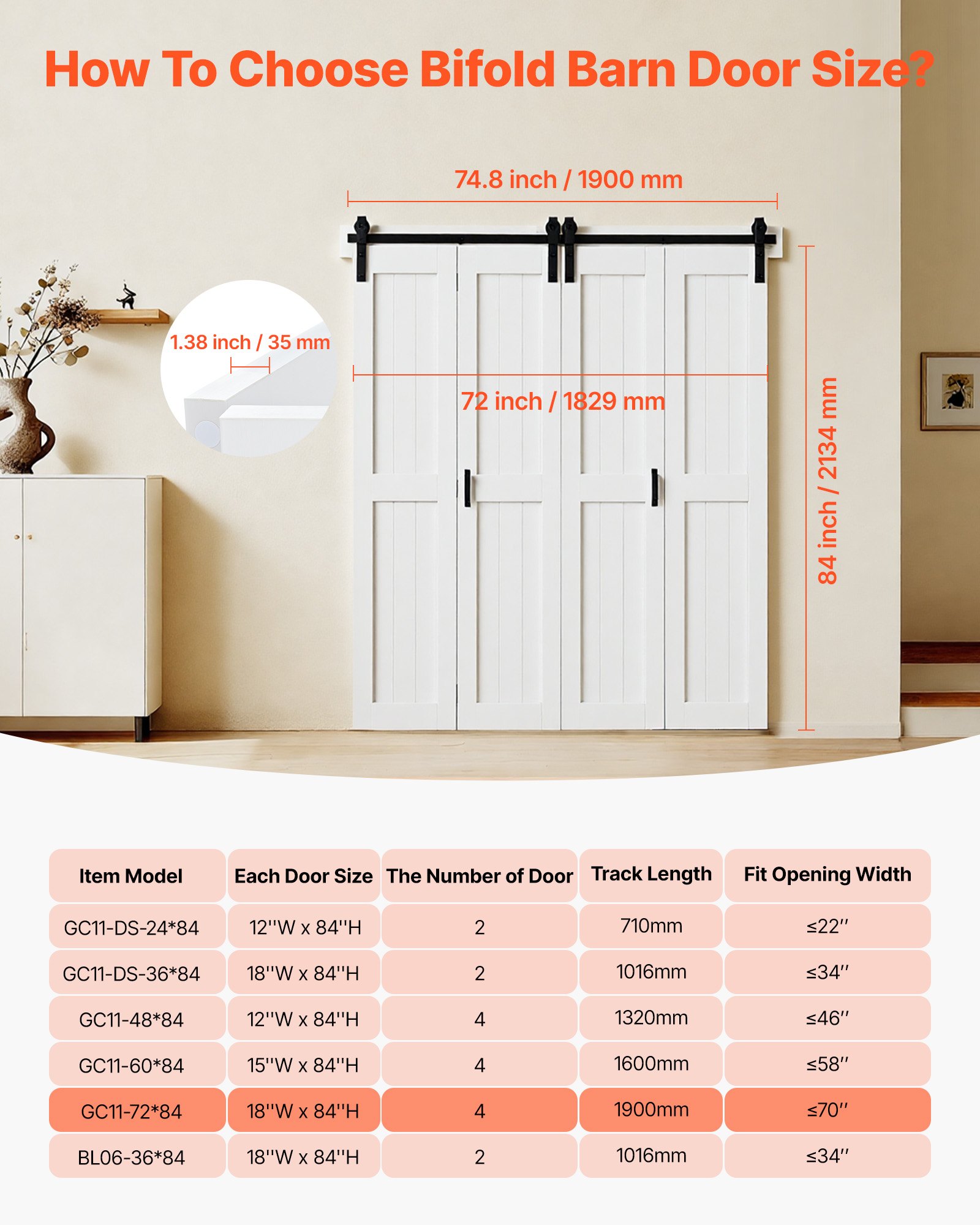 Puerta de granero plegable de MDF, 72 x 84 pulgadas, corredera, kit de herrajes incluido