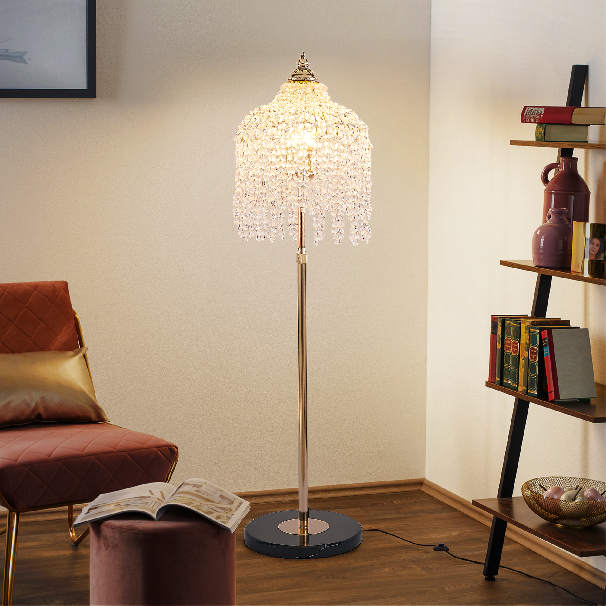 3-Light Elegant Crystal Floor Lamp  Vintage Waterfall Design With Grape-Shaped Crystal Bead Strings And Marble Texture Base For Living Room, Bedroom, Or Office Decor Bulb Not Included