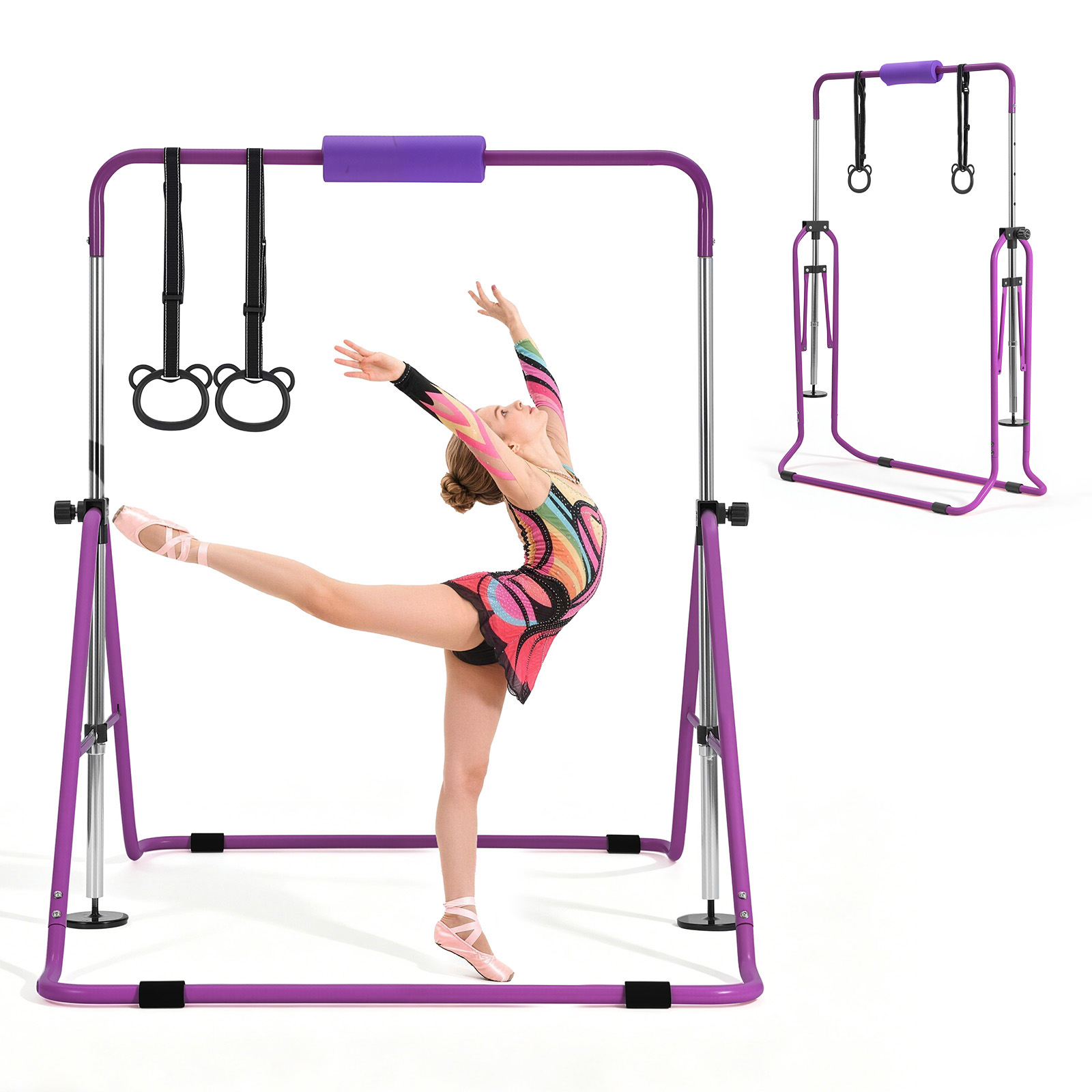 Gymnastic Bars For Kids, 140 Lbs Capacity Folding Training Kip Bar, Adjustable Height Gymnastic Horizontal Bar For Home, Training Equipment For Indoor And Outdoor, Easy To Assemble, Purple