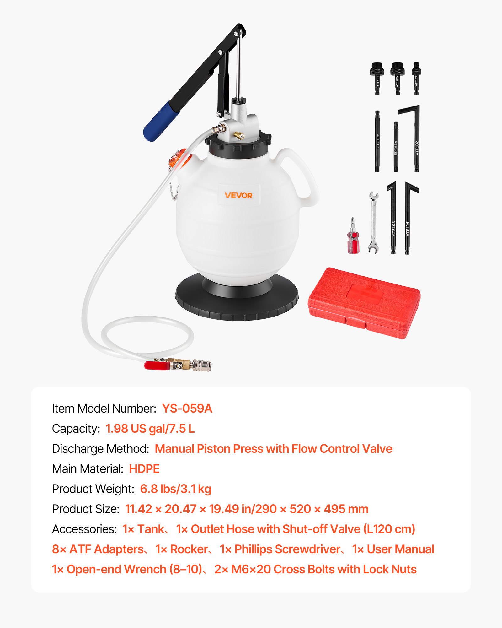 Transmission Fluid Pump, 7.5 L Capacity, Manual Fluid Transfer Pump With 8 ATF Adapters & 47 In Outlet Horse, ATF Refill Kit, Oil Extractor Dispenser With HDPE Tank For Cars, Lawn Mowers