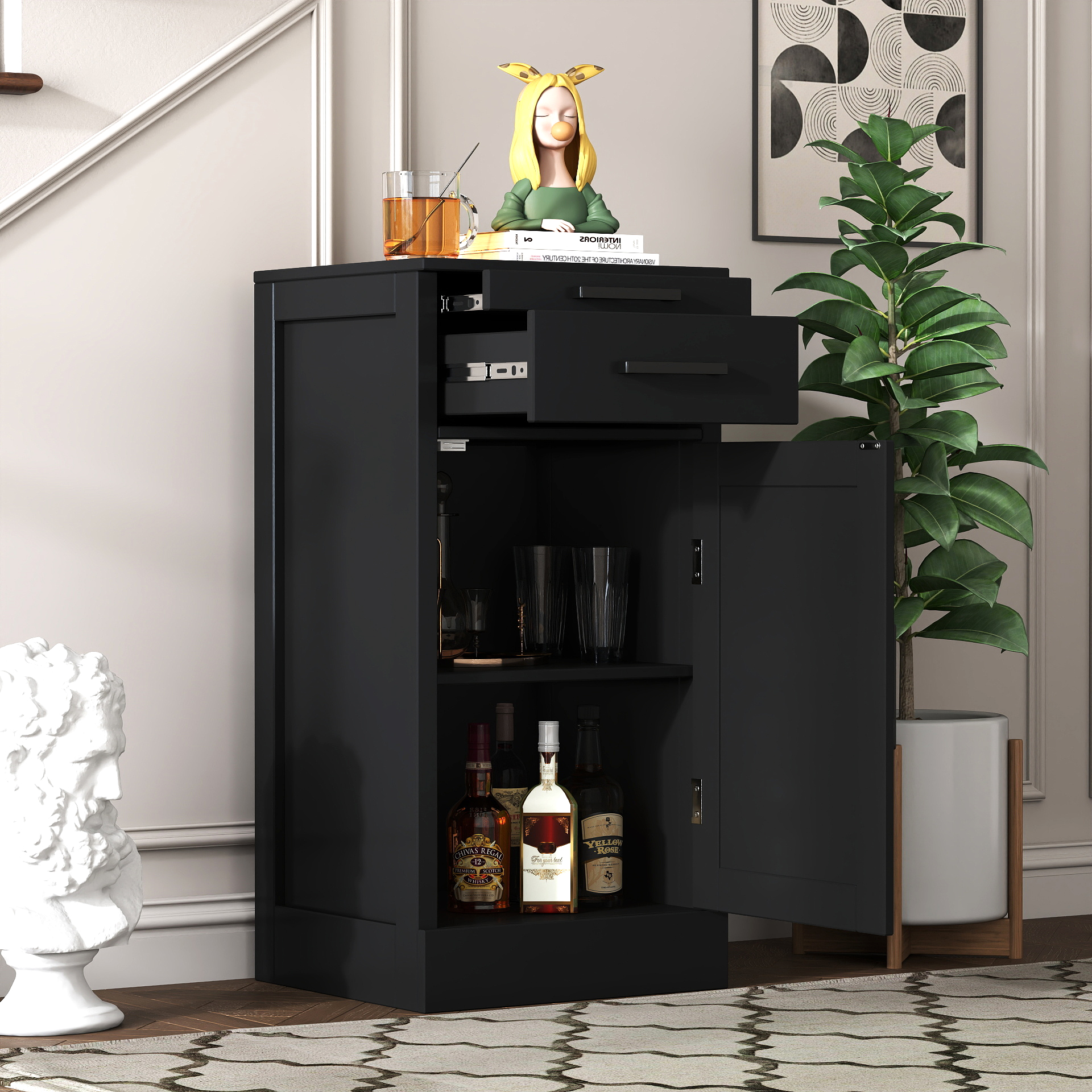 Black Color Modular 24 Wine Bar Cabinet Buffet Cabinet