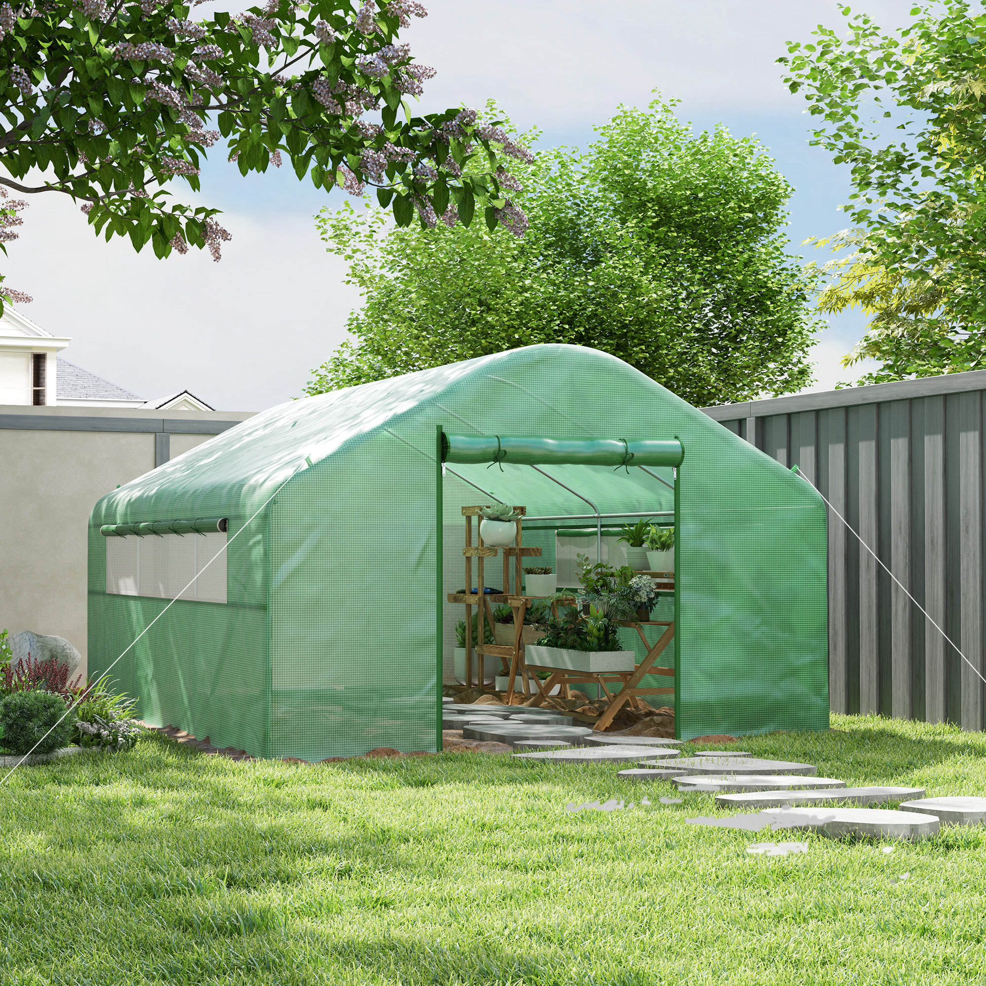 13 x 10 x 6.5 Tunnel Greenhouse Hoop House with Upgraded Galvanized Steel Frame and Large Windows, Green