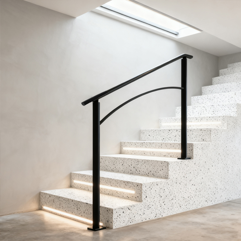 Handrails For Outdoor Steps, Fit 1 Or 3 Steps Outdoor Stair Railing, Black Wrought Iron Handrail, Flexible Front Porch Hand Rail, Transitional Handrails For Concrete Steps Or Wooden Stairs