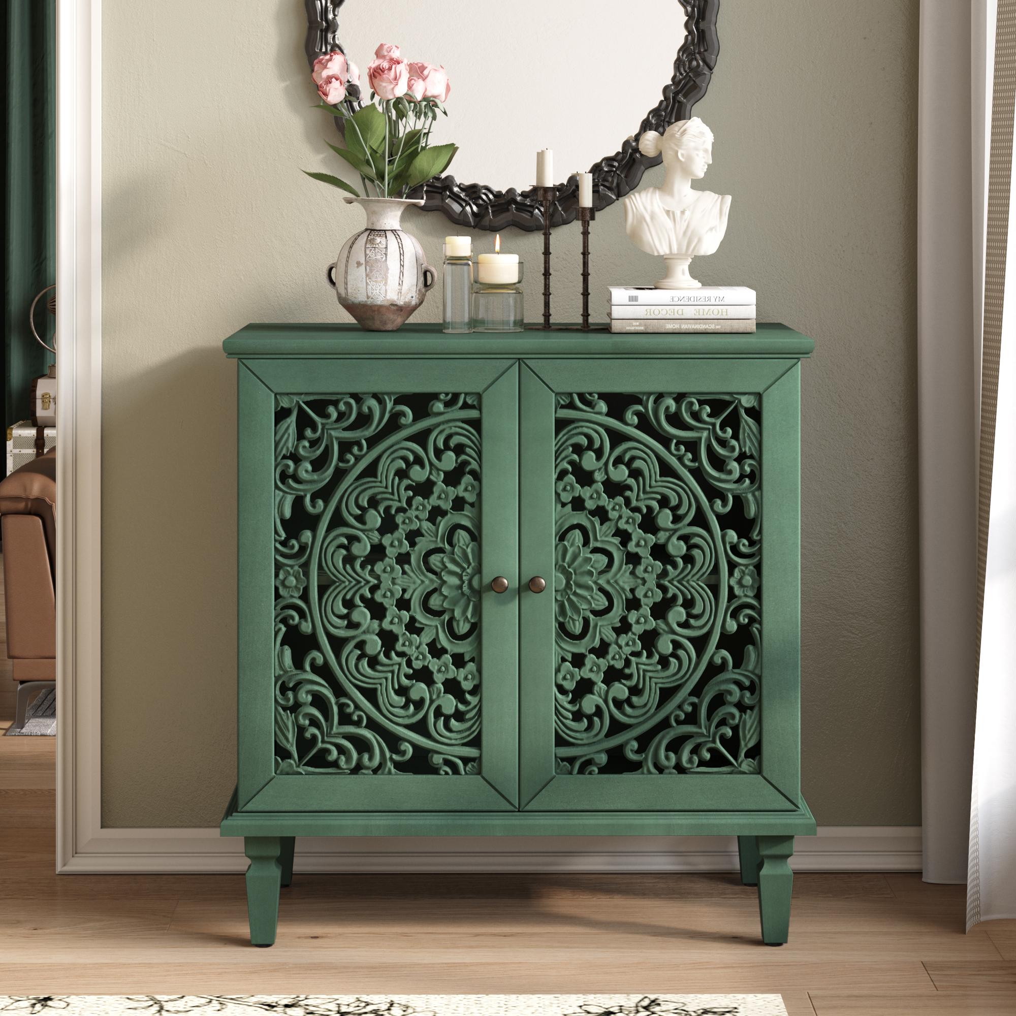 Vintage Hollow-Carved Accent Cabinet, 2-Door Display Storage Sideboard With Symmetrical Floral Design, Adjustable Shelf And Solid Wood Legs For Living Room Entryway Antique Green
