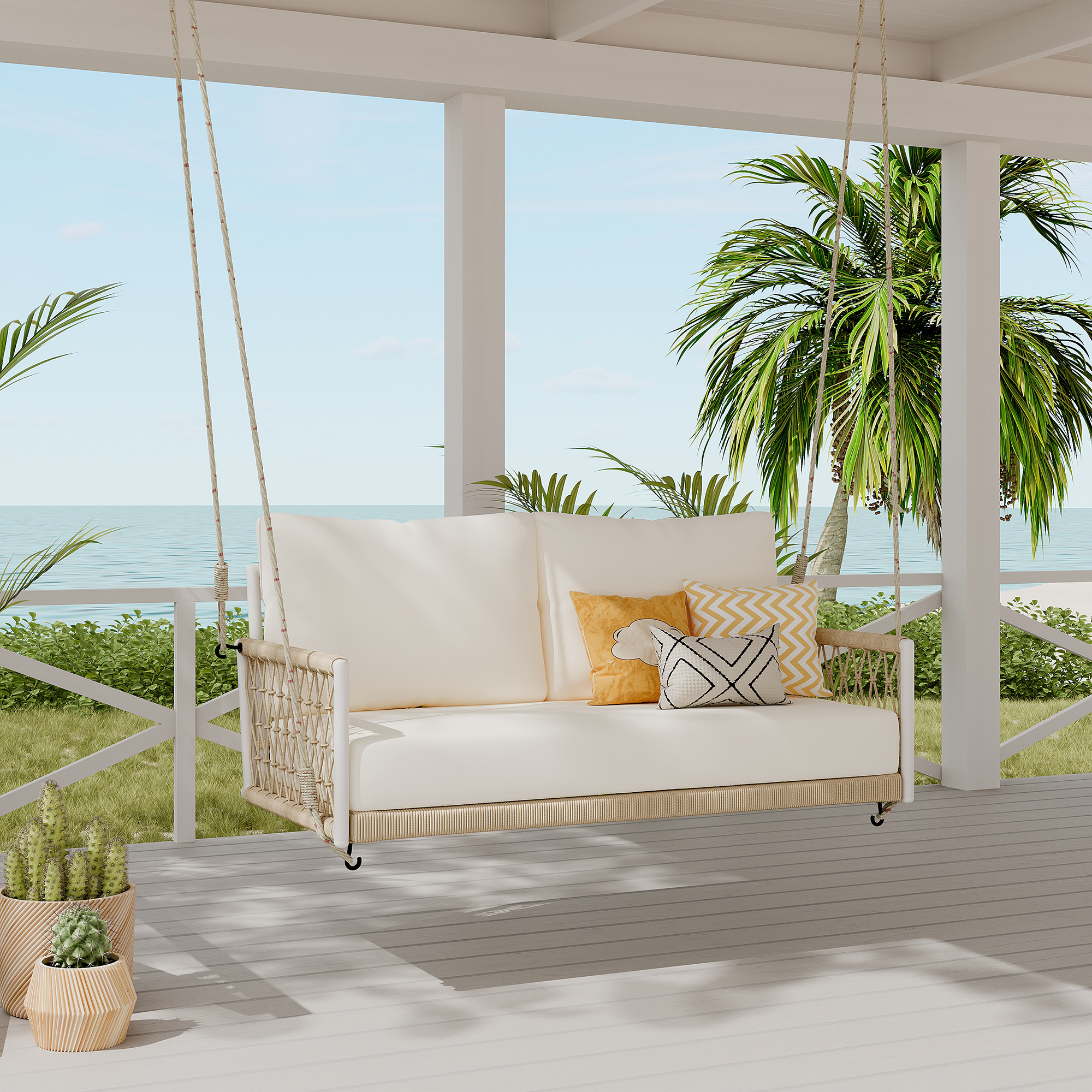 TREXM 1-Piece Woven Rope Outdoor Swing Sofa With Soft Cushions Seating 2 For Patio, Courtyard And Balcony  Beige