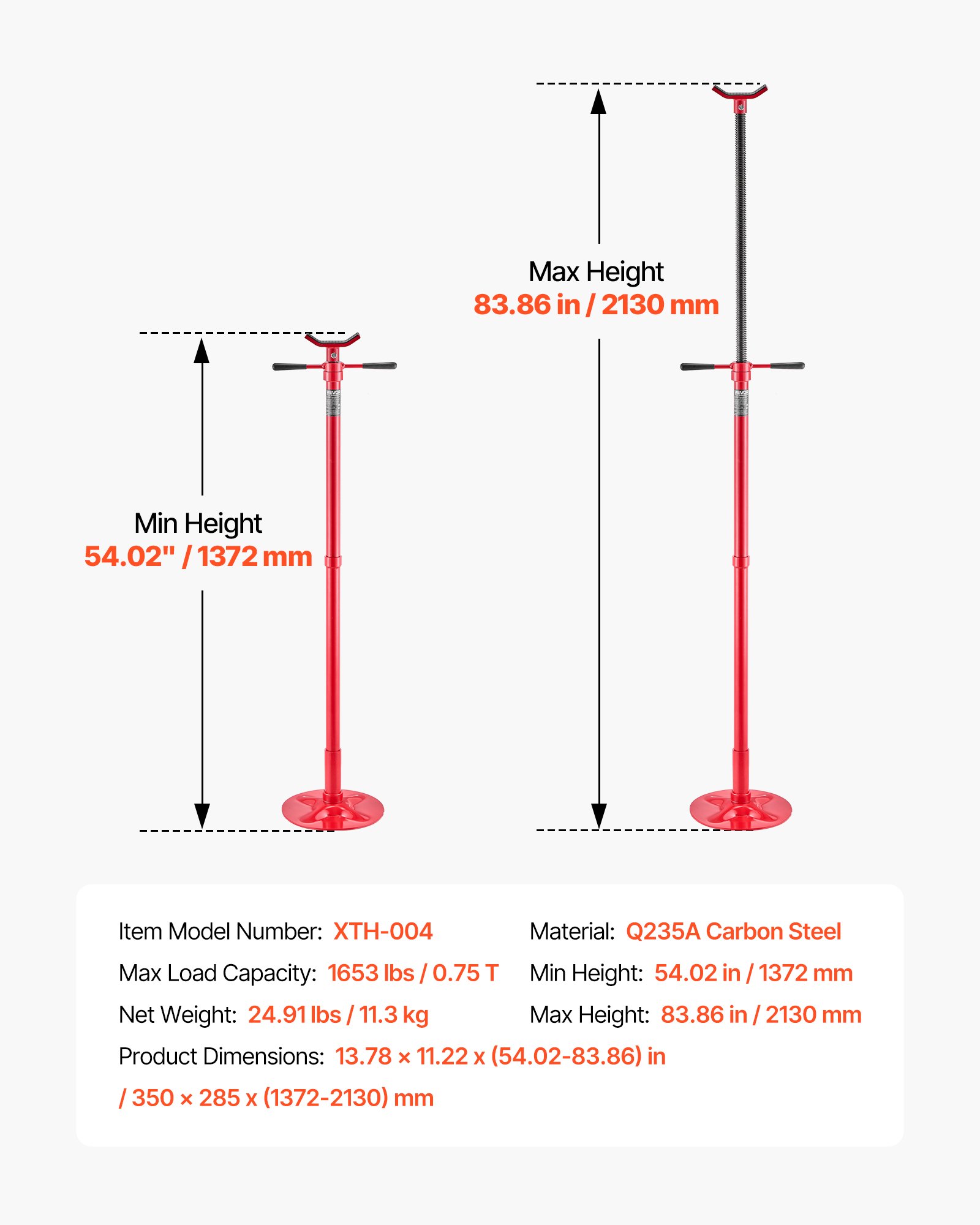 Soporte de elevación para vehículos, 3/4 tonelada, altura 54.02 a 83.86 pulgadas