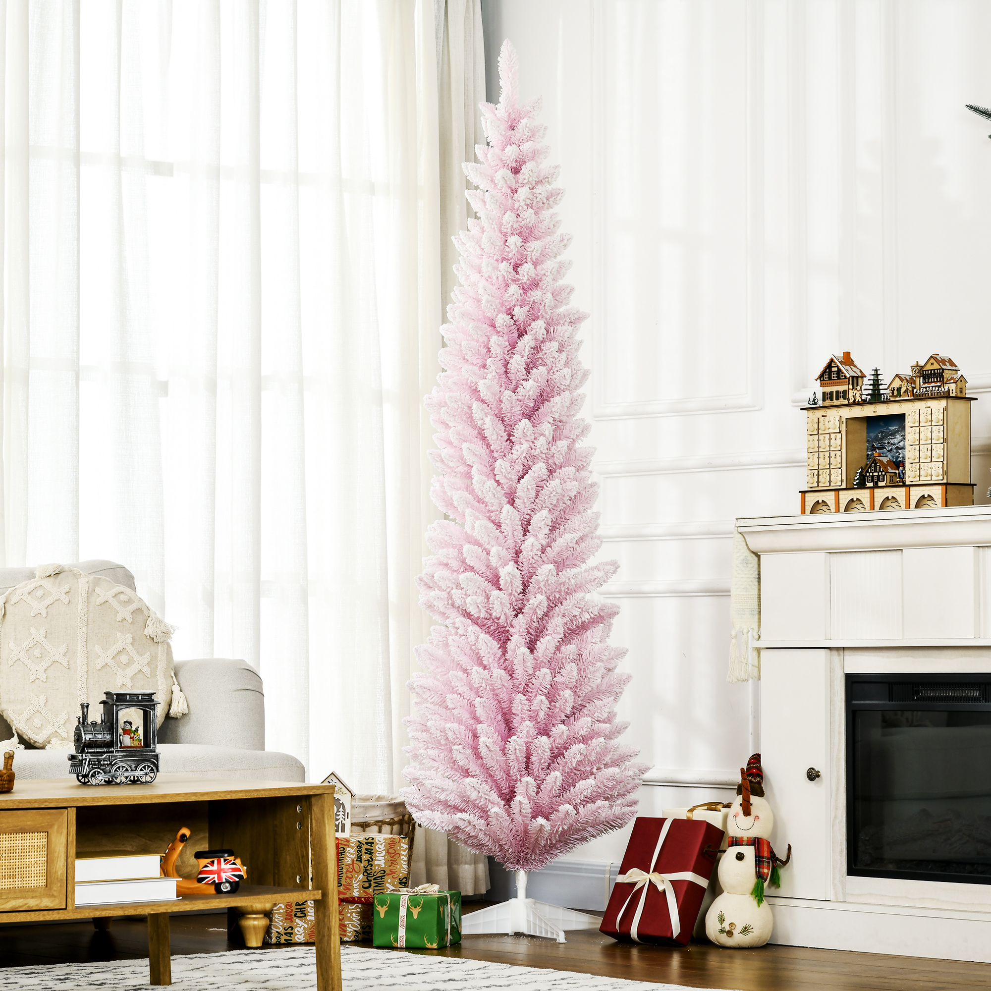 Árbol de Navidad artificial de 7 pies, nevado, forma de lápiz, decorado, rosa