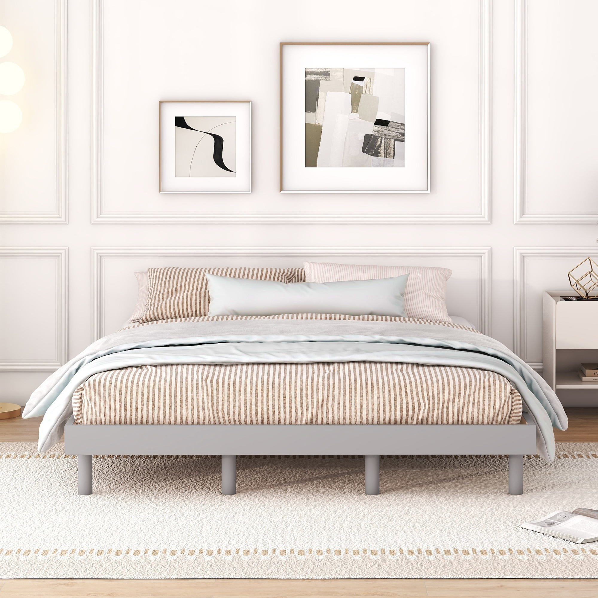 Modern Design Queen Floating Platform Bed Frame For Grey Color