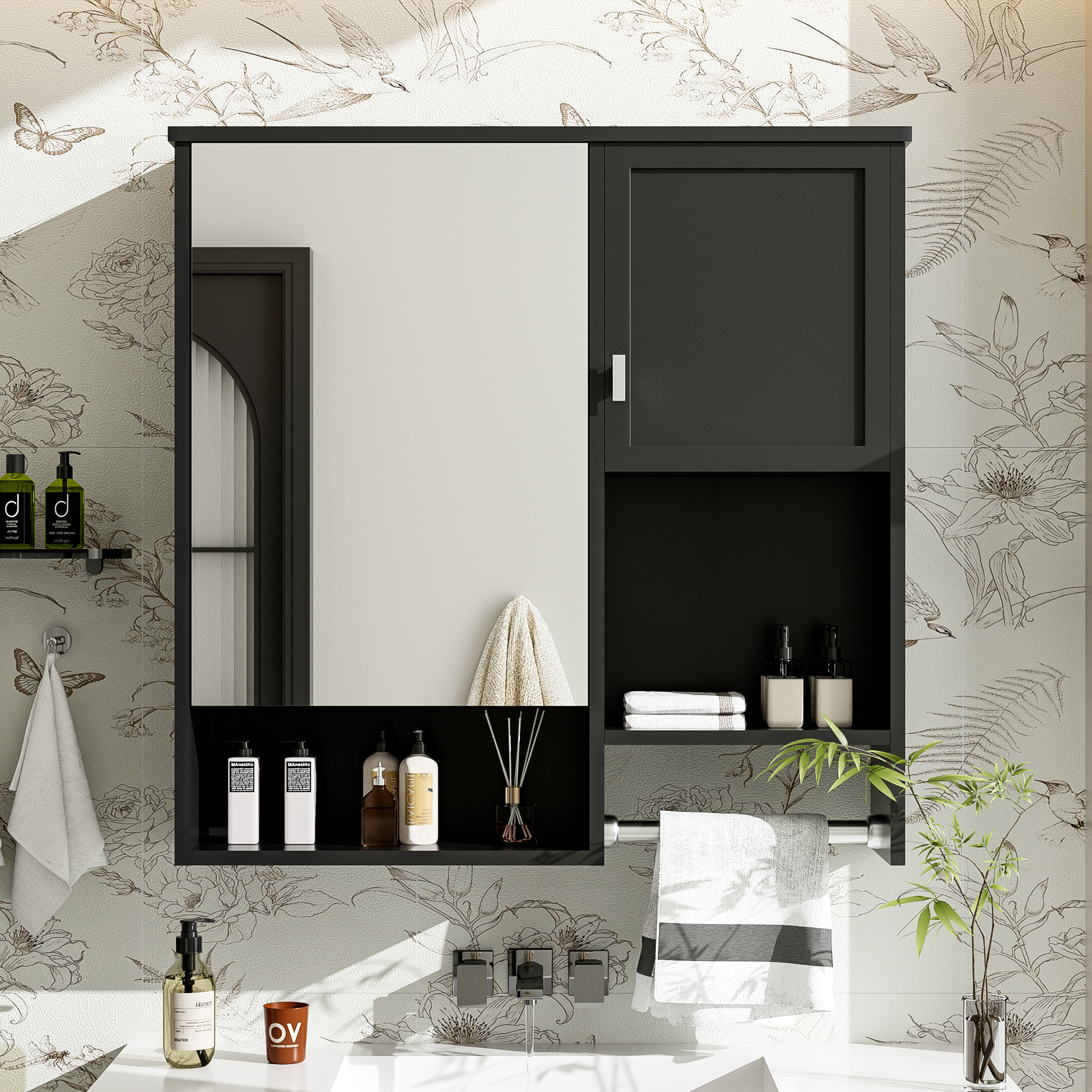 Gabinete de baño moderno de 29x28 pulgadas, para pared, con espejo y toallero.