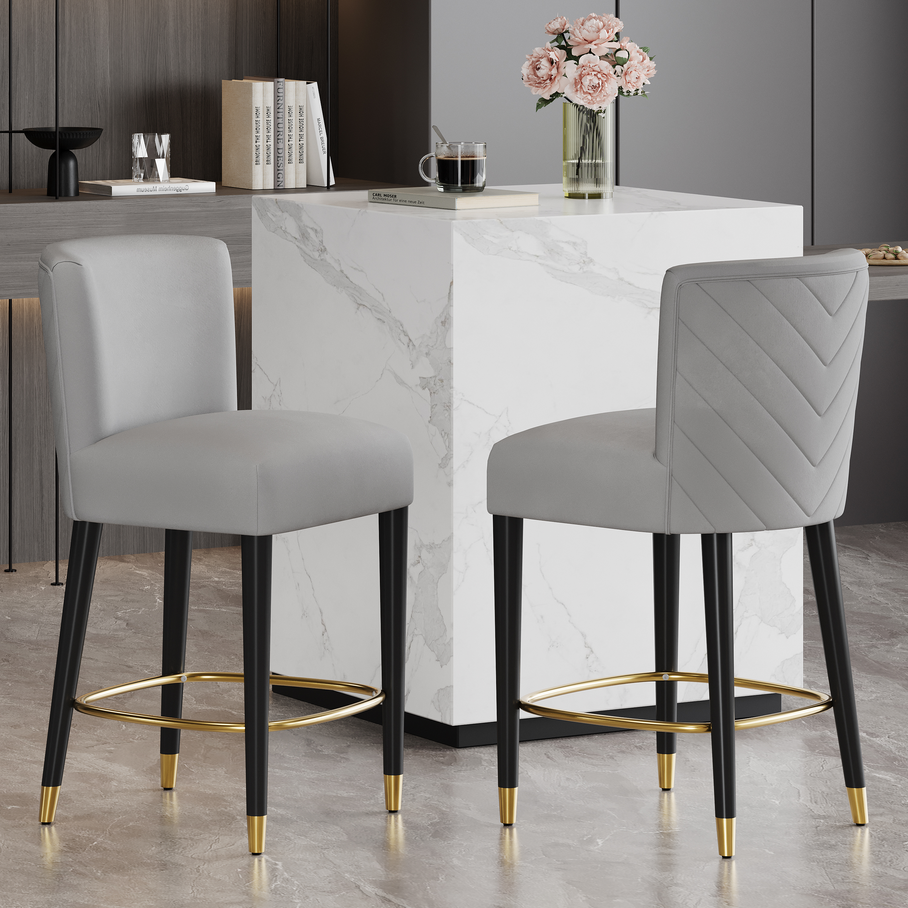 Taburete de mostrador de 27 pulgadas, diseño moderno, tela gris y reposapiés dorado