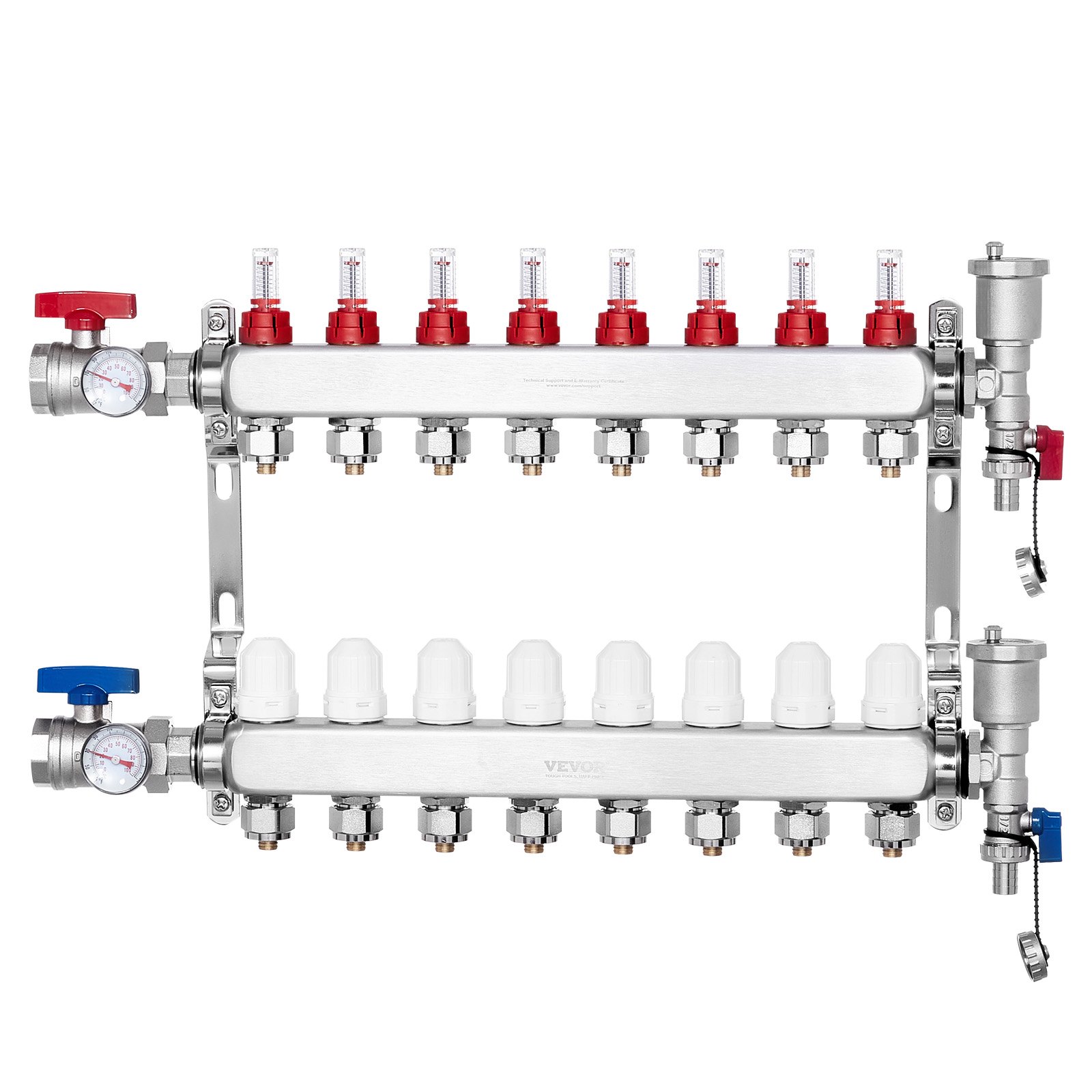 Colector de calor radiante de 8 vías, PEX de 1/2 pulgada, acero inoxidable