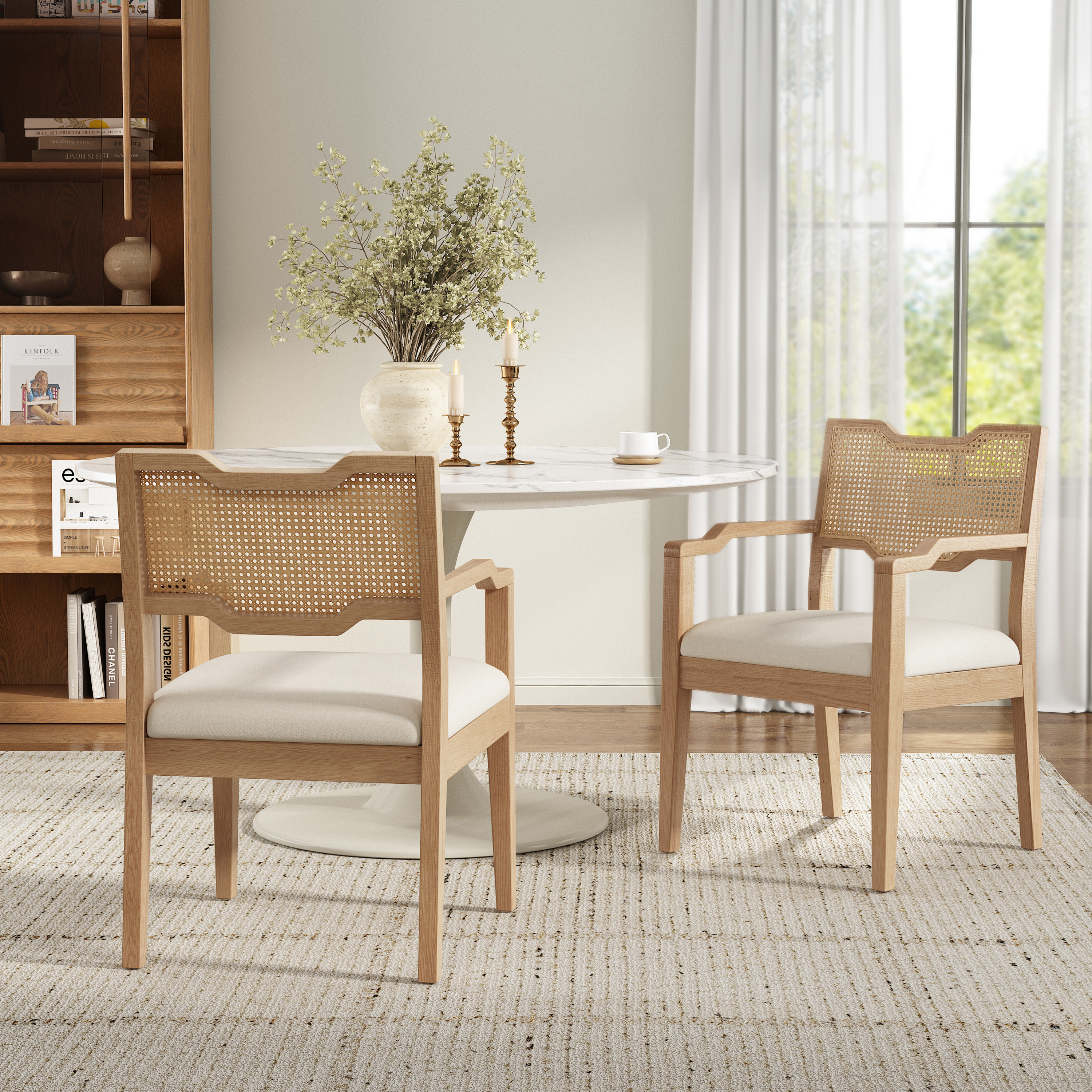 Sillas de comedor estilo rústico, Set de 2, tapizadas, madera, respaldo de ratán, marrón