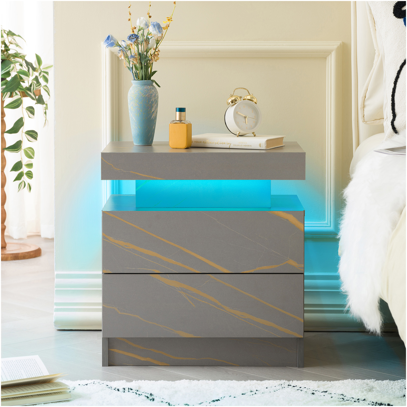 Mesa de noche LED moderna con 2 cajones, para dormitorio, gris y dorado