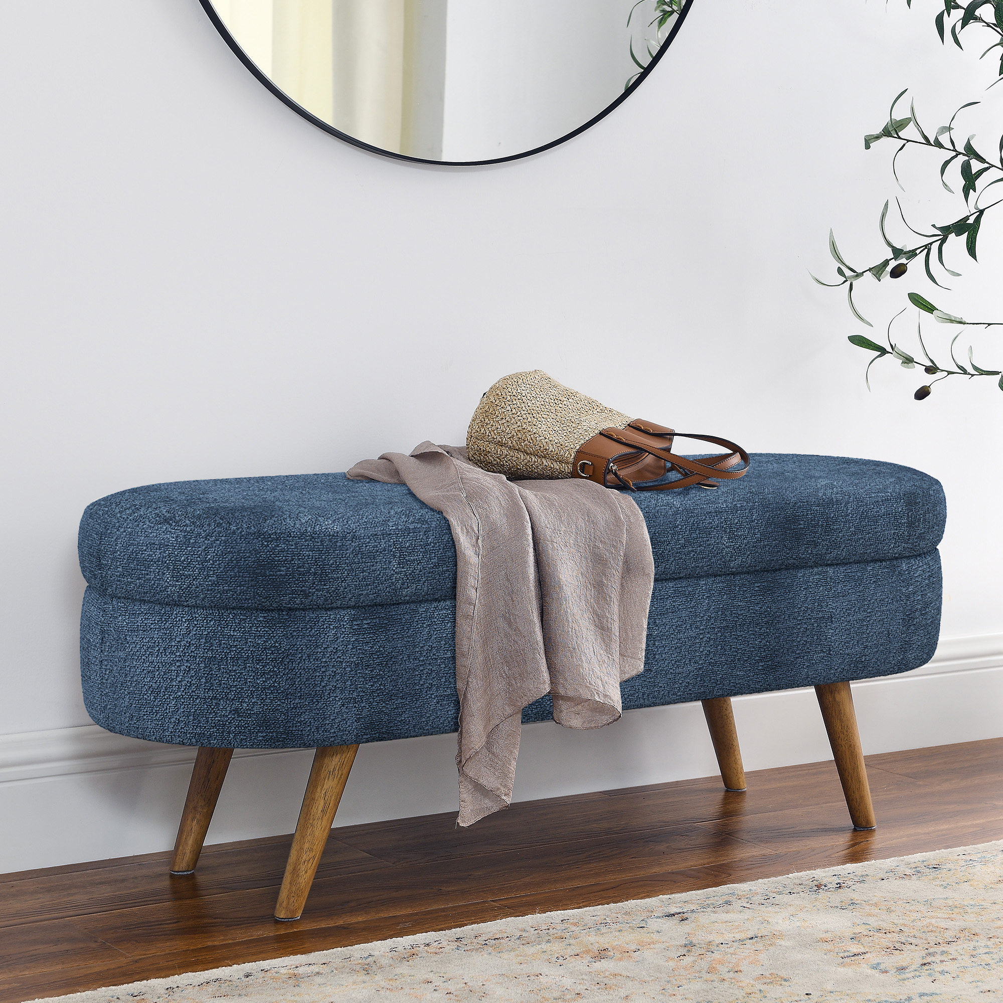 Banco otomano ovalado con almacenamiento, patas de madera, gris/azul oscuro, 43.5x16x16 pulgadas.
