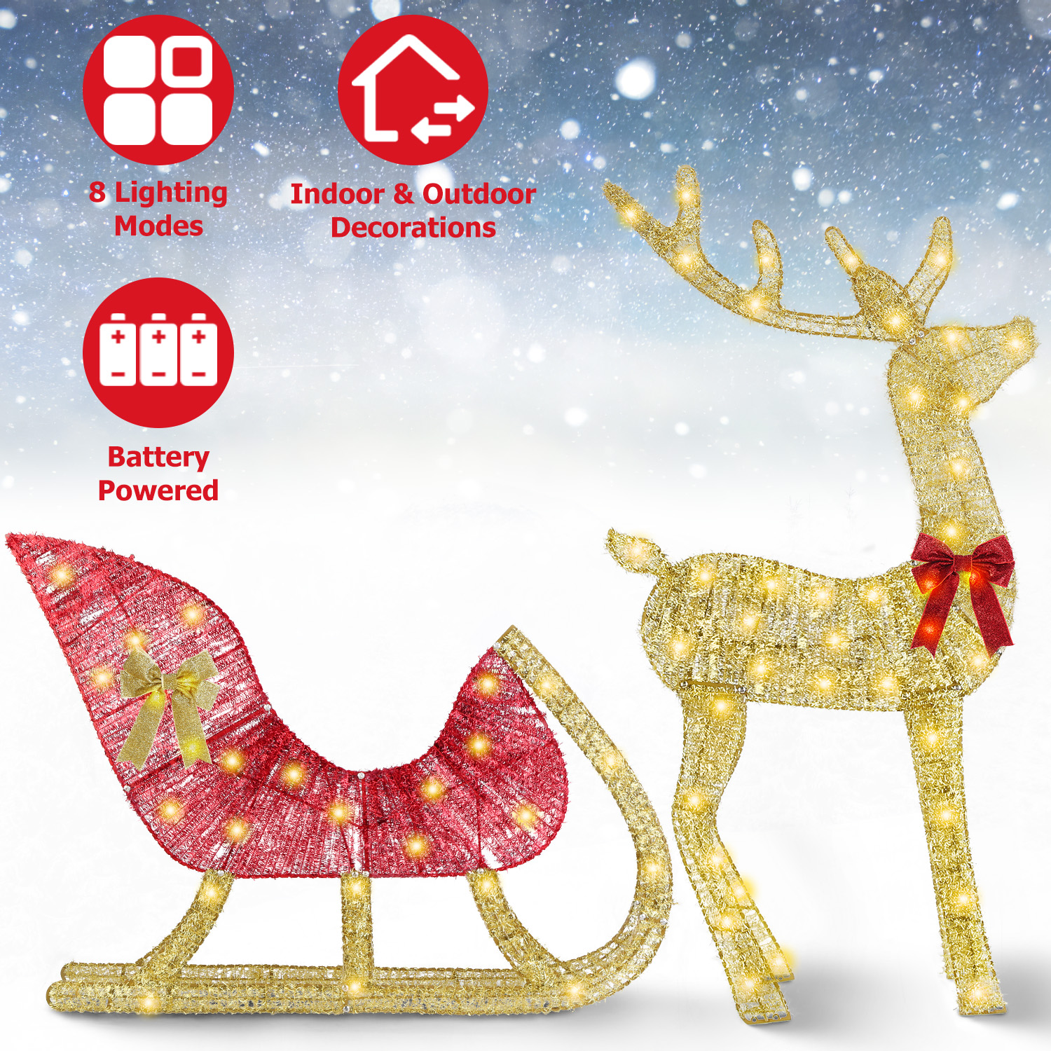 Reno y trineo navideño iluminado, 8 modos de luz, para interior y exterior