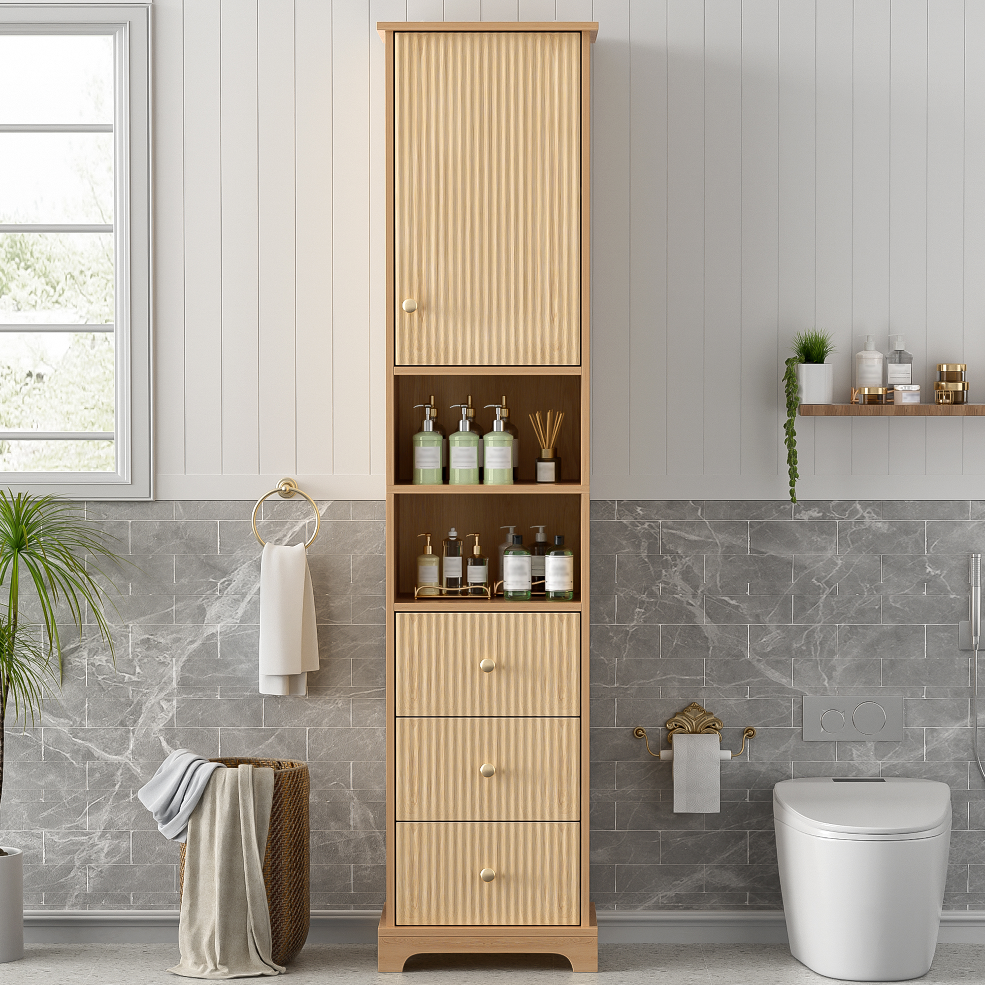 Gabinete de baño independiente de 67.7 pulgadas, 1 puerta, 3 cajones, estilo americano